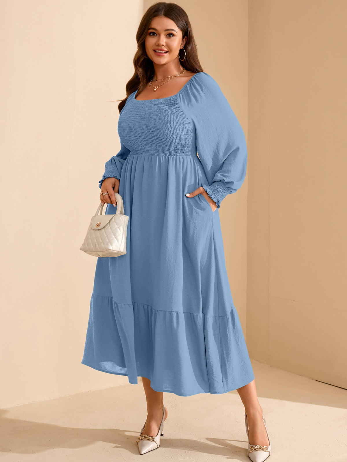 Plus Size Floral Long-Sleeve Maxi Dress — Blue Grey gallery image 2