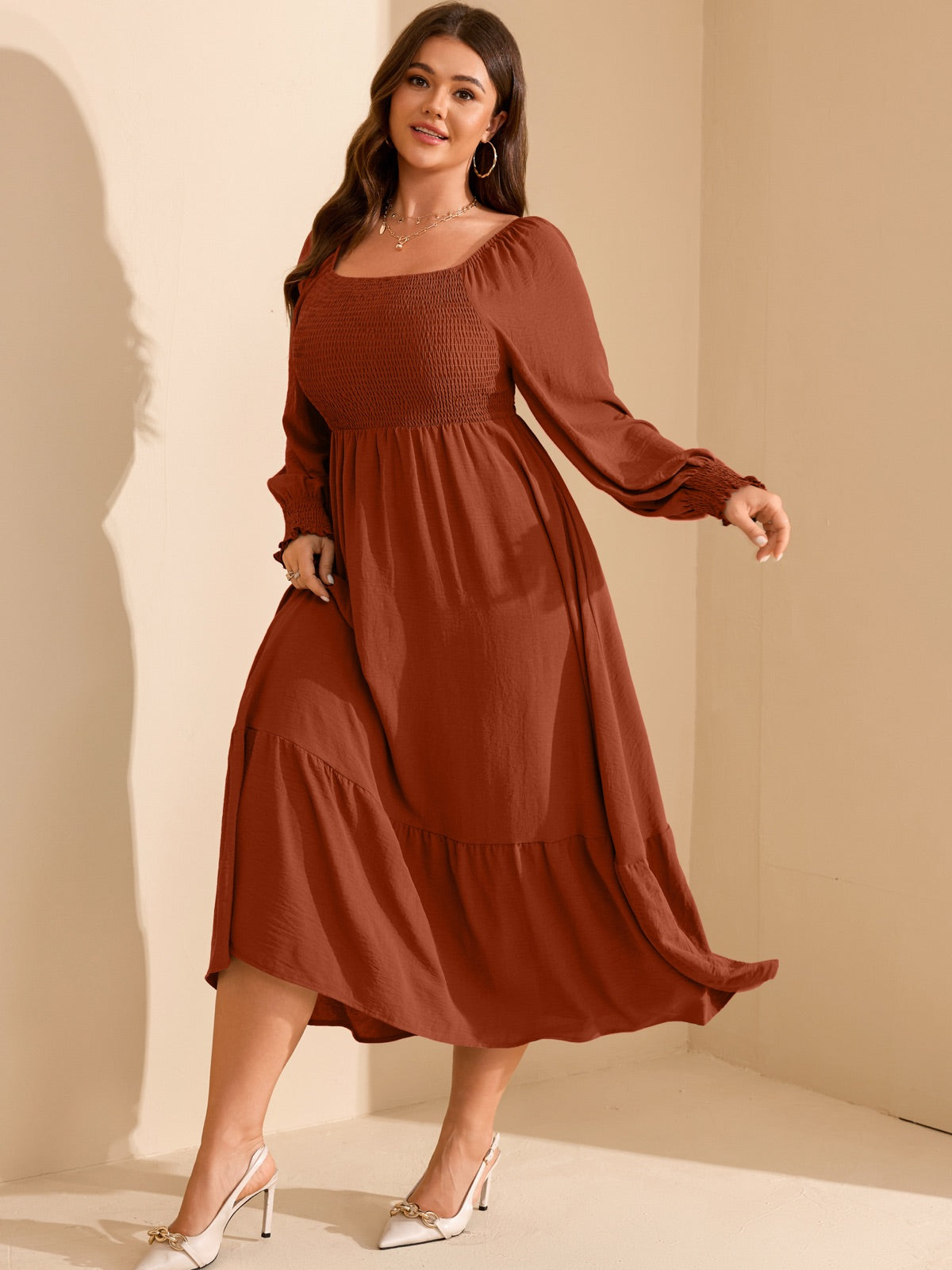 Plus Size Floral Long-Sleeve Maxi Dress — Brown gallery image 3