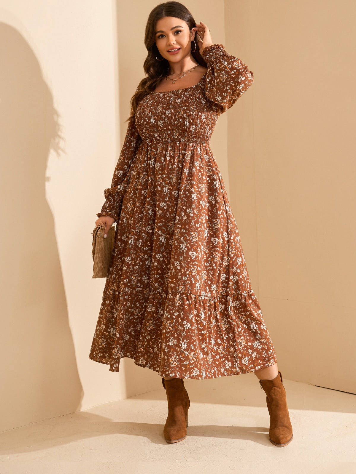 Plus Size Floral Long-Sleeve Maxi Dress — Brown Floral gallery image 1