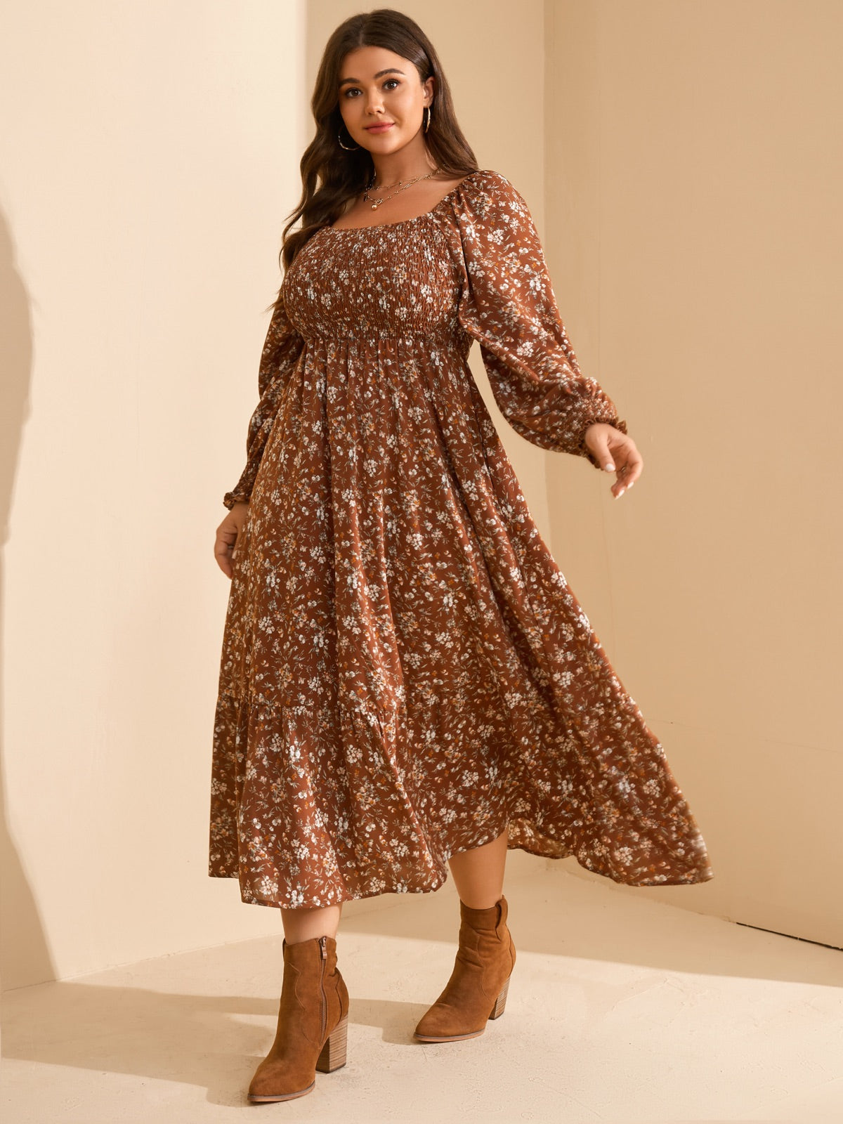 Plus Size Floral Long-Sleeve Maxi Dress — Brown Floral gallery image 1