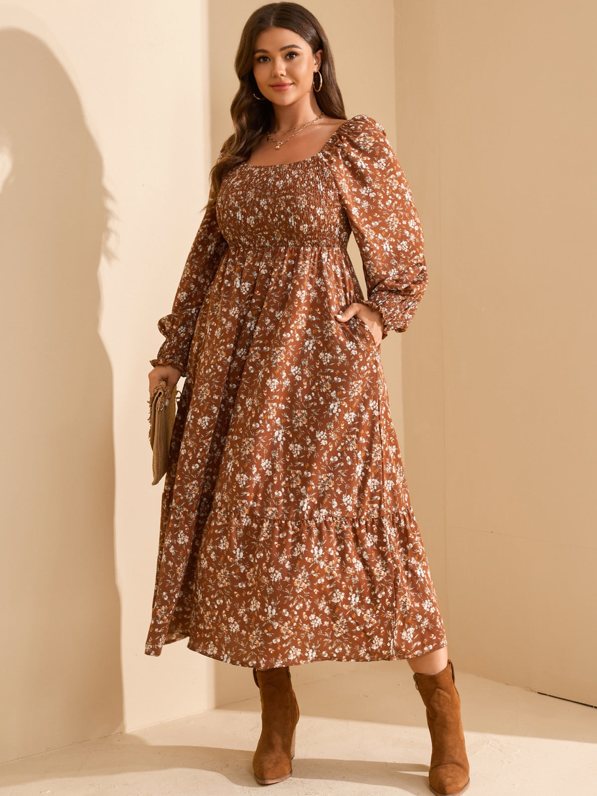 Plus Size Floral Long-Sleeve Maxi Dress — Brown Floral gallery image 3