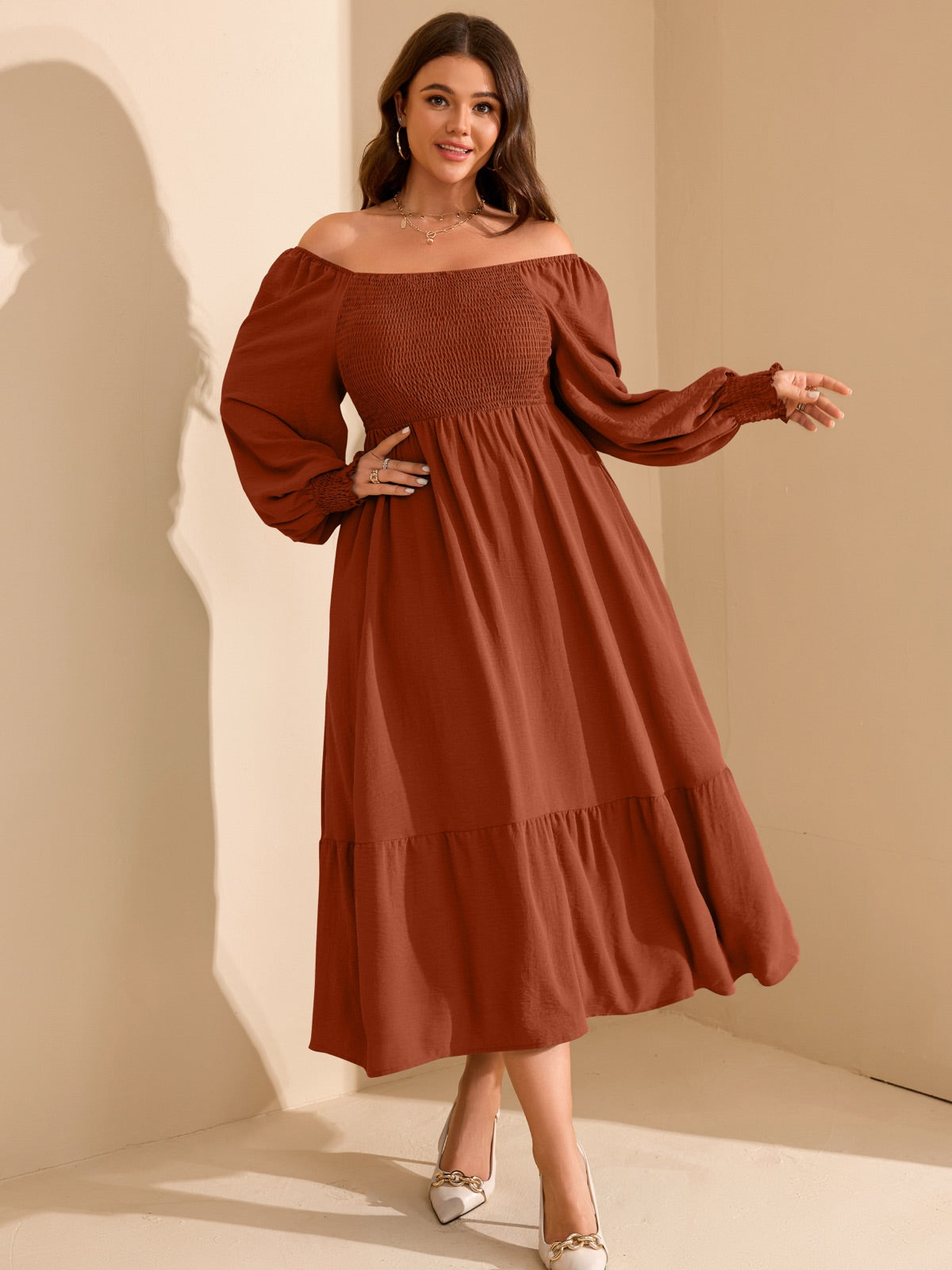 Plus Size Floral Long-Sleeve Maxi Dress — Brown gallery image 1