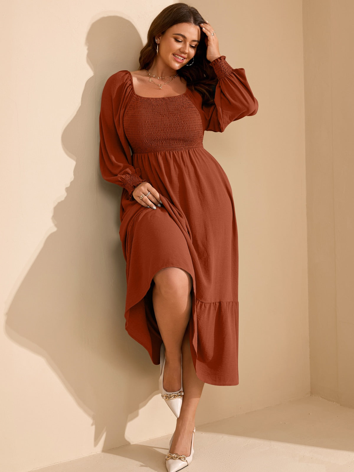 Plus Size Floral Long-Sleeve Maxi Dress — Brown gallery image 2