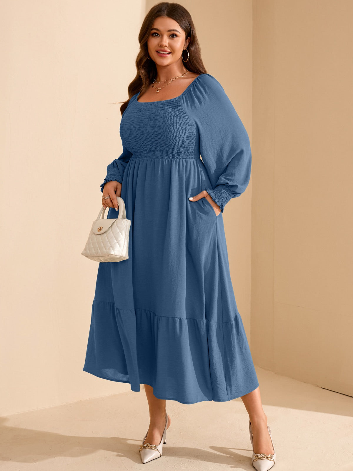 Plus Size Floral Long-Sleeve Maxi Dress — Dusty Blue gallery image 2