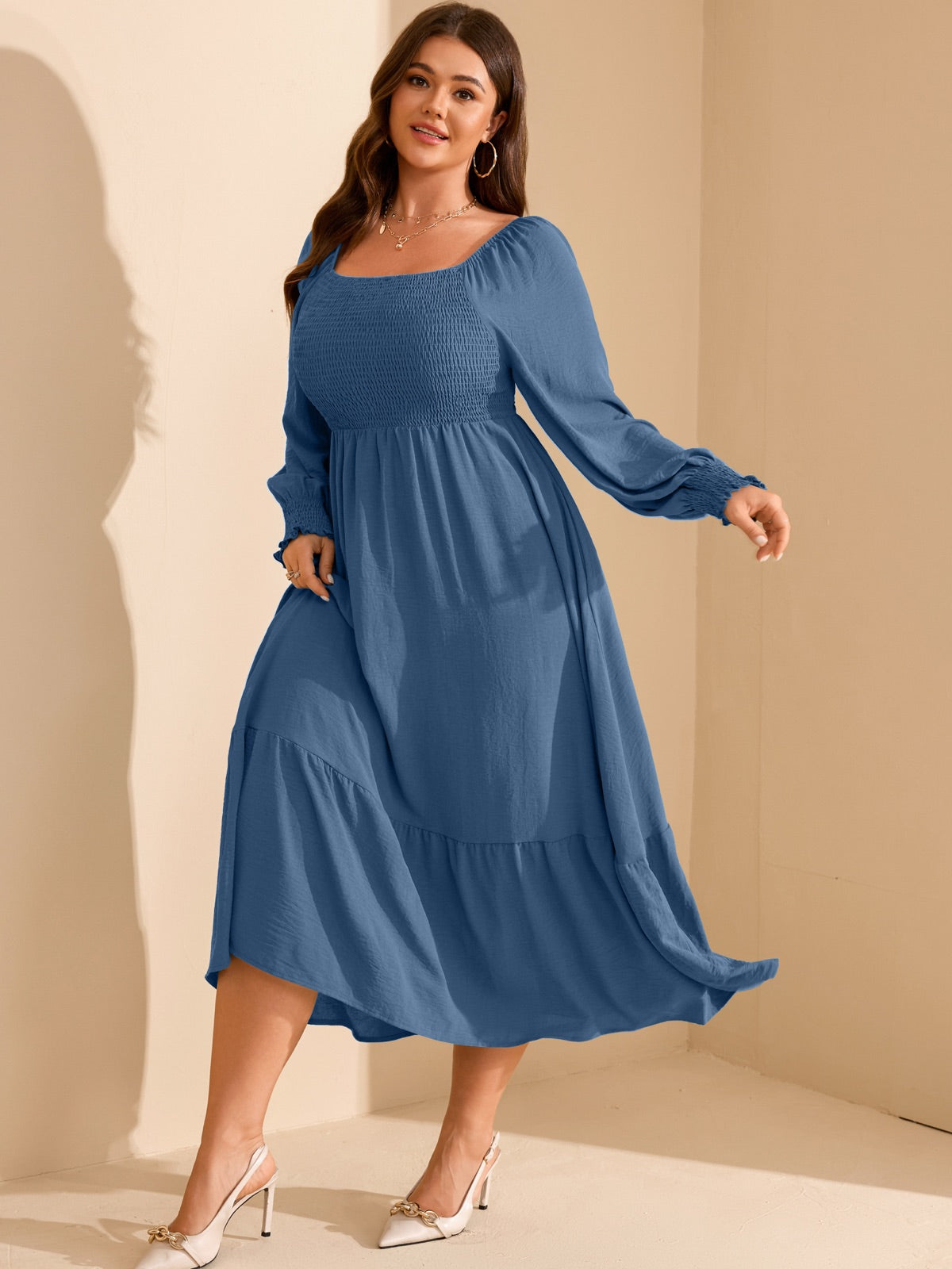 Plus Size Floral Long-Sleeve Maxi Dress — Dusty Blue gallery image 4