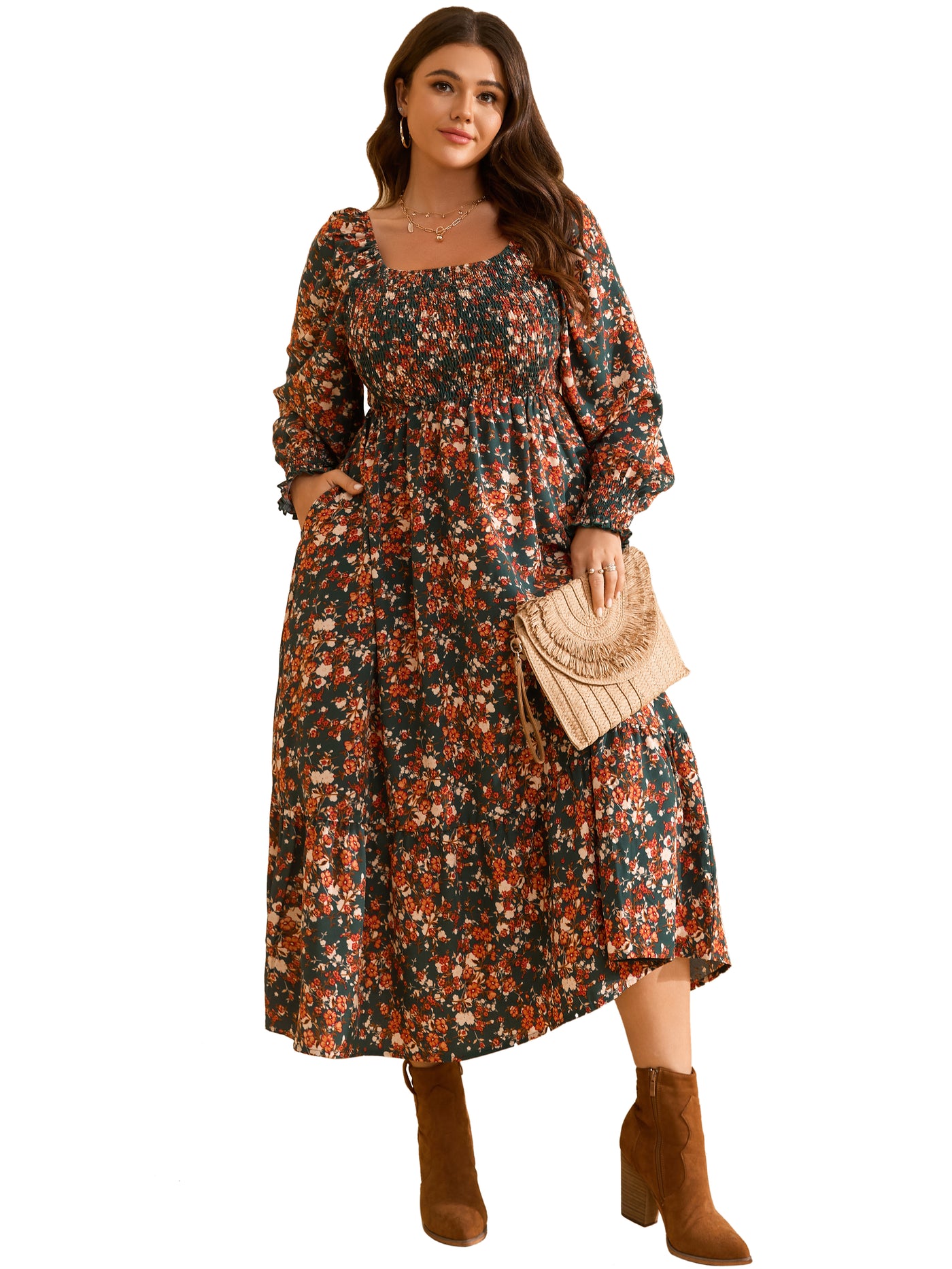 RWJ Plus Size Floral Long-Sleeve Maxi Dress — Green Floral, view 1