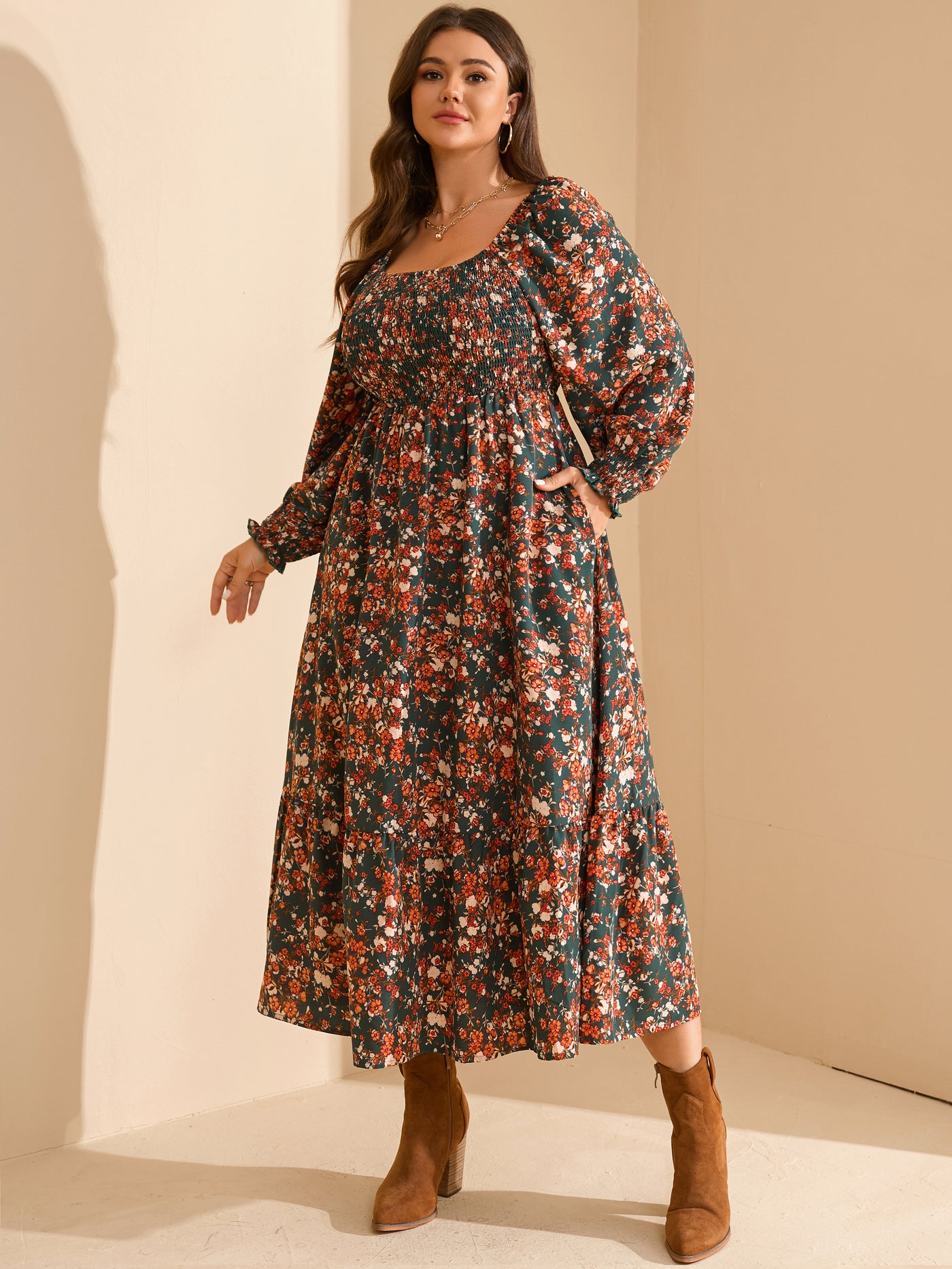 RWJ Plus Size Floral Long-Sleeve Maxi Dress — Green Floral, view 2
