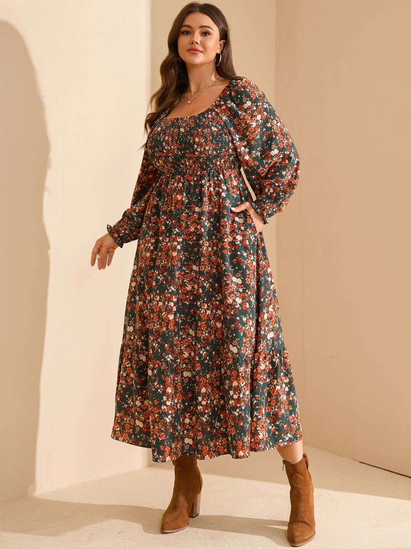Plus Size Floral Long-Sleeve Maxi Dress — Green Floral