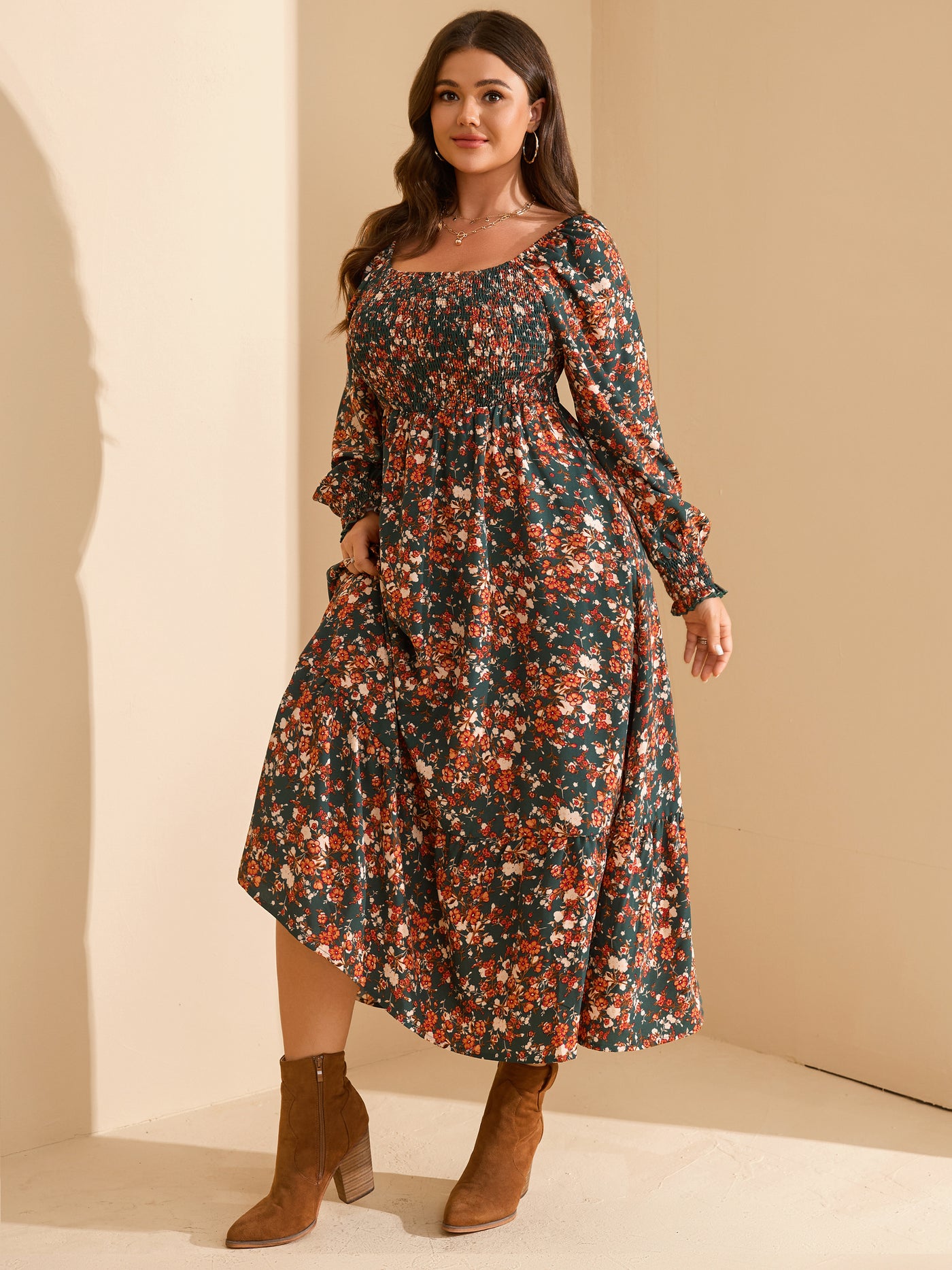RWJ Plus Size Floral Long-Sleeve Maxi Dress — Green Floral, view 3