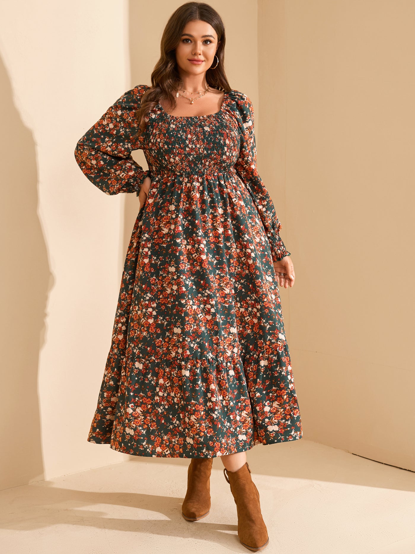 RWJ Plus Size Floral Long-Sleeve Maxi Dress — Green Floral, view 4