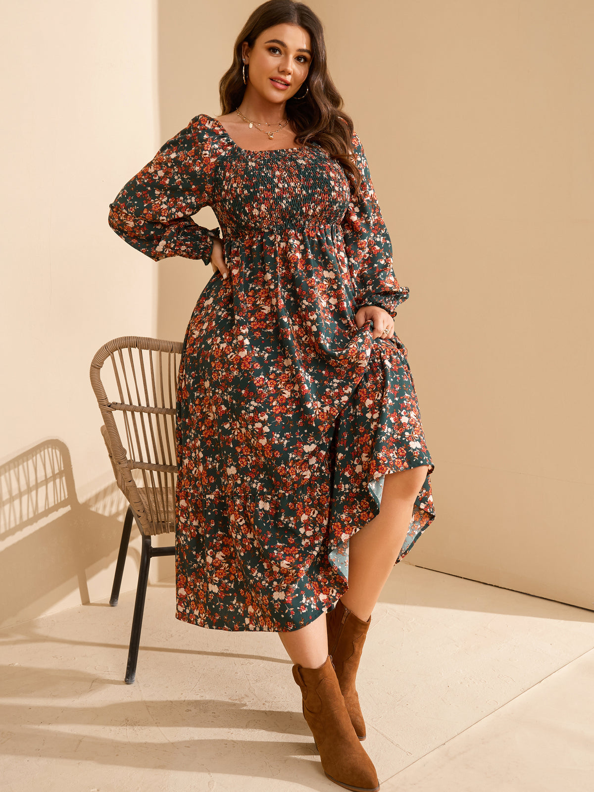 RWJ Plus Size Floral Long-Sleeve Maxi Dress — Green Floral, view 5