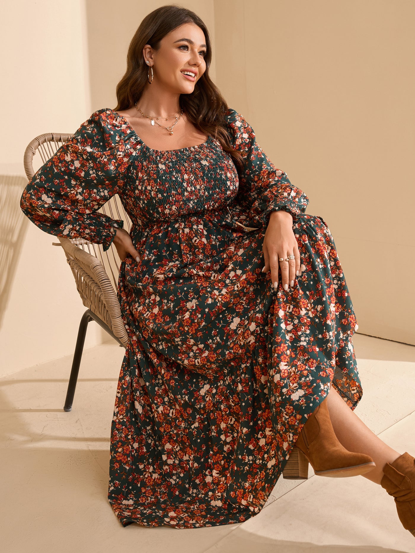 RWJ Plus Size Floral Long-Sleeve Maxi Dress — Green Floral, view 6