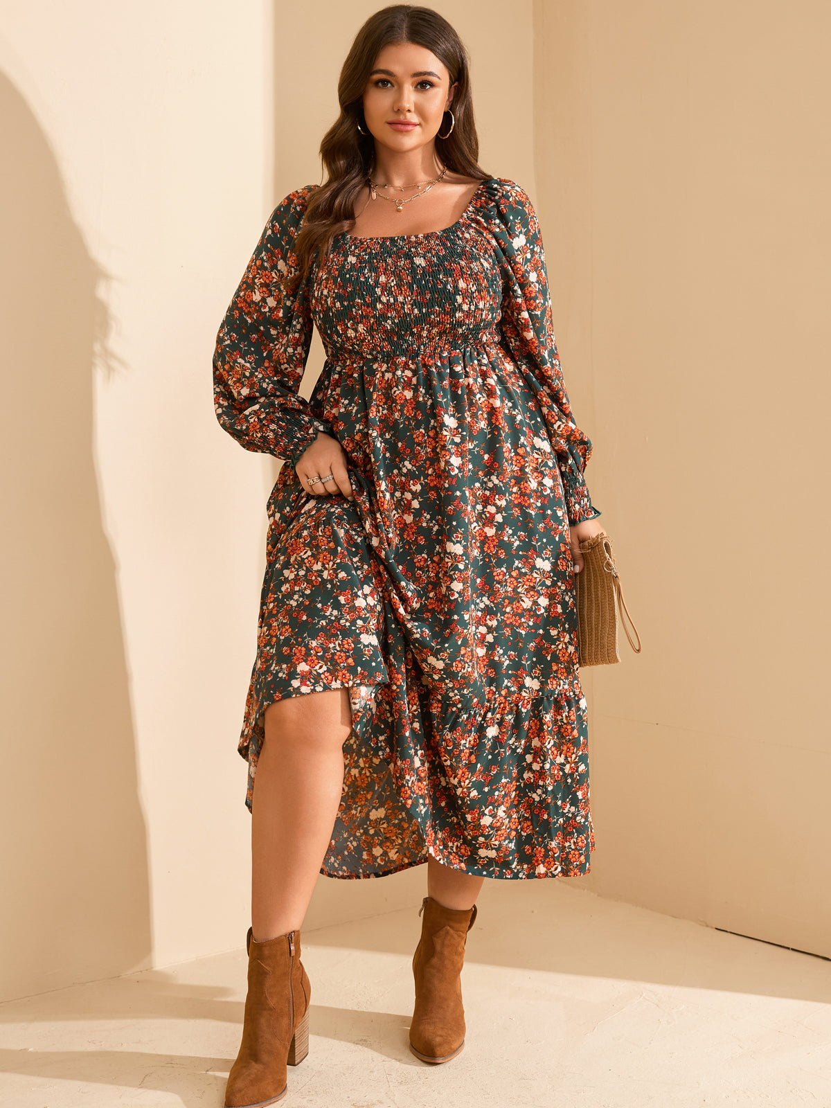 RWJ Plus Size Floral Long-Sleeve Maxi Dress — Green Floral, view 8