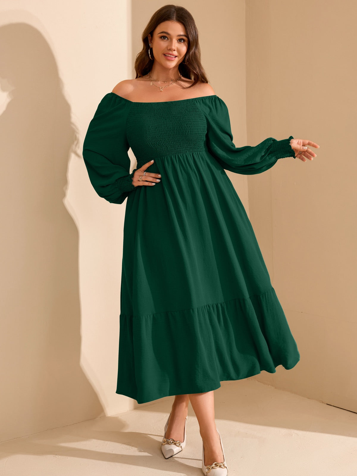 Plus Size Floral Long-Sleeve Maxi Dress — Green gallery image 1