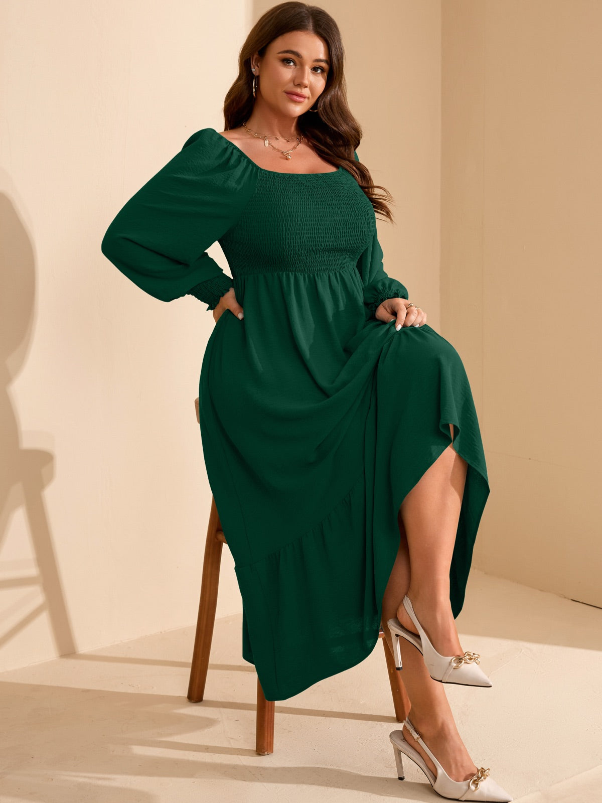 Plus Size Floral Long-Sleeve Maxi Dress — Green gallery image 3