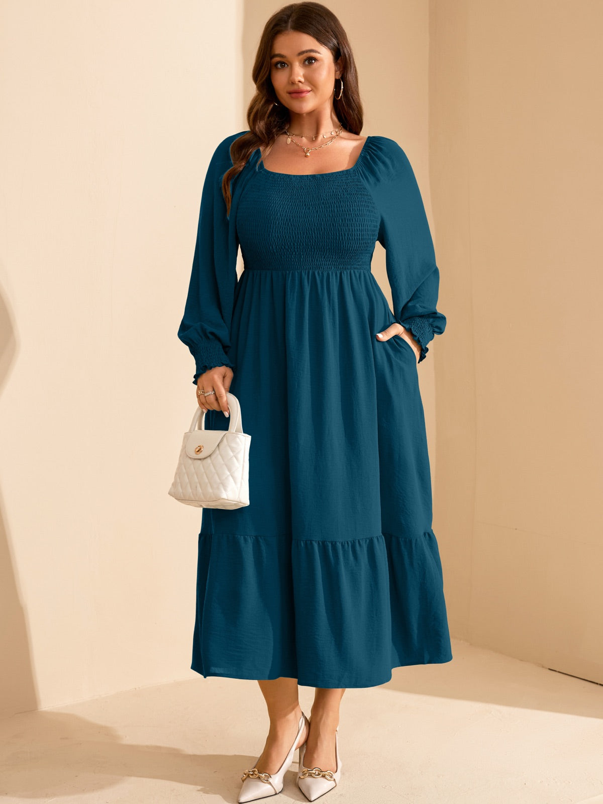 Plus Size Floral Long-Sleeve Maxi Dress — Lake Blue gallery image 1