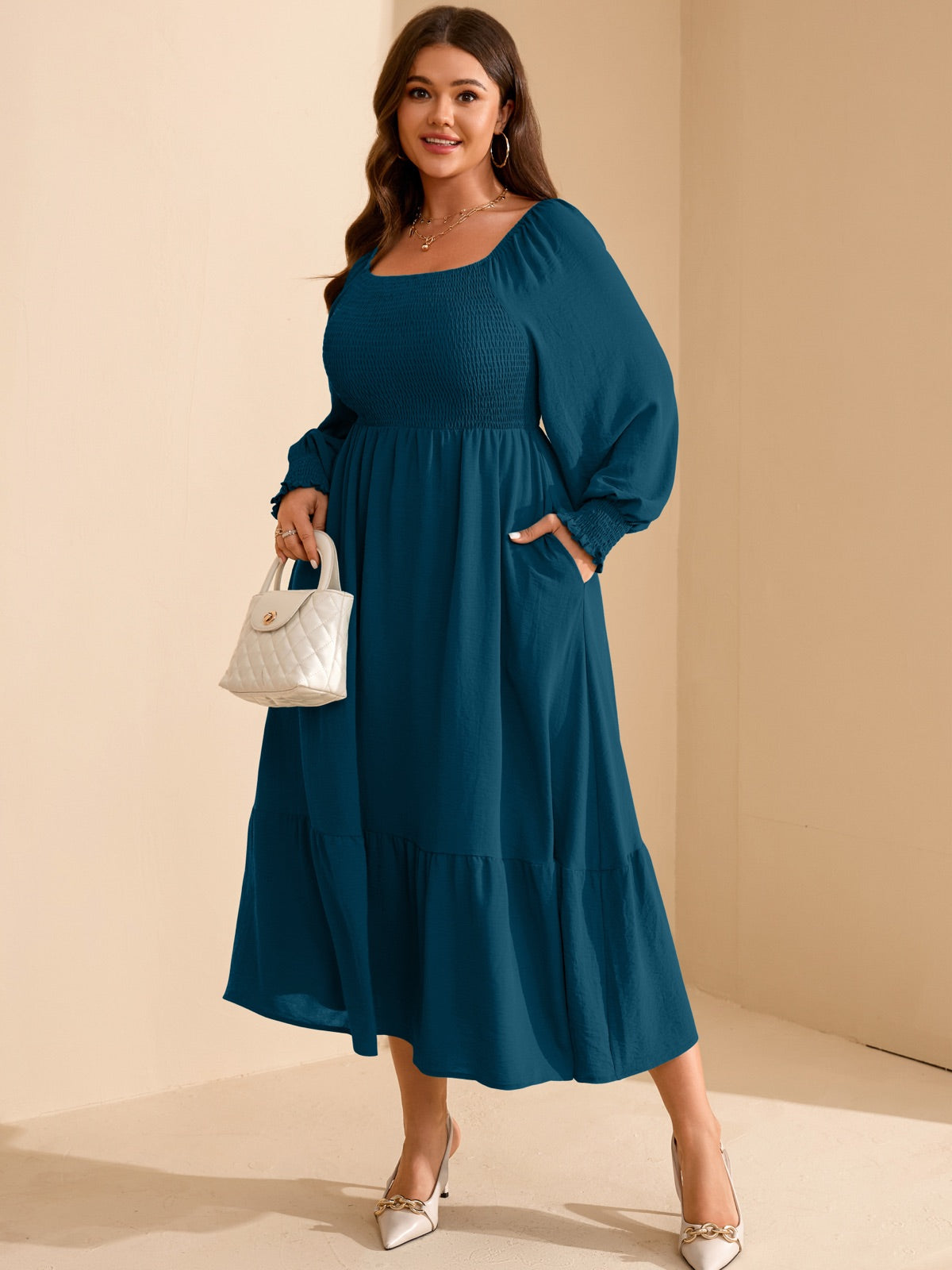 Plus Size Floral Long-Sleeve Maxi Dress — Lake Blue gallery image 2