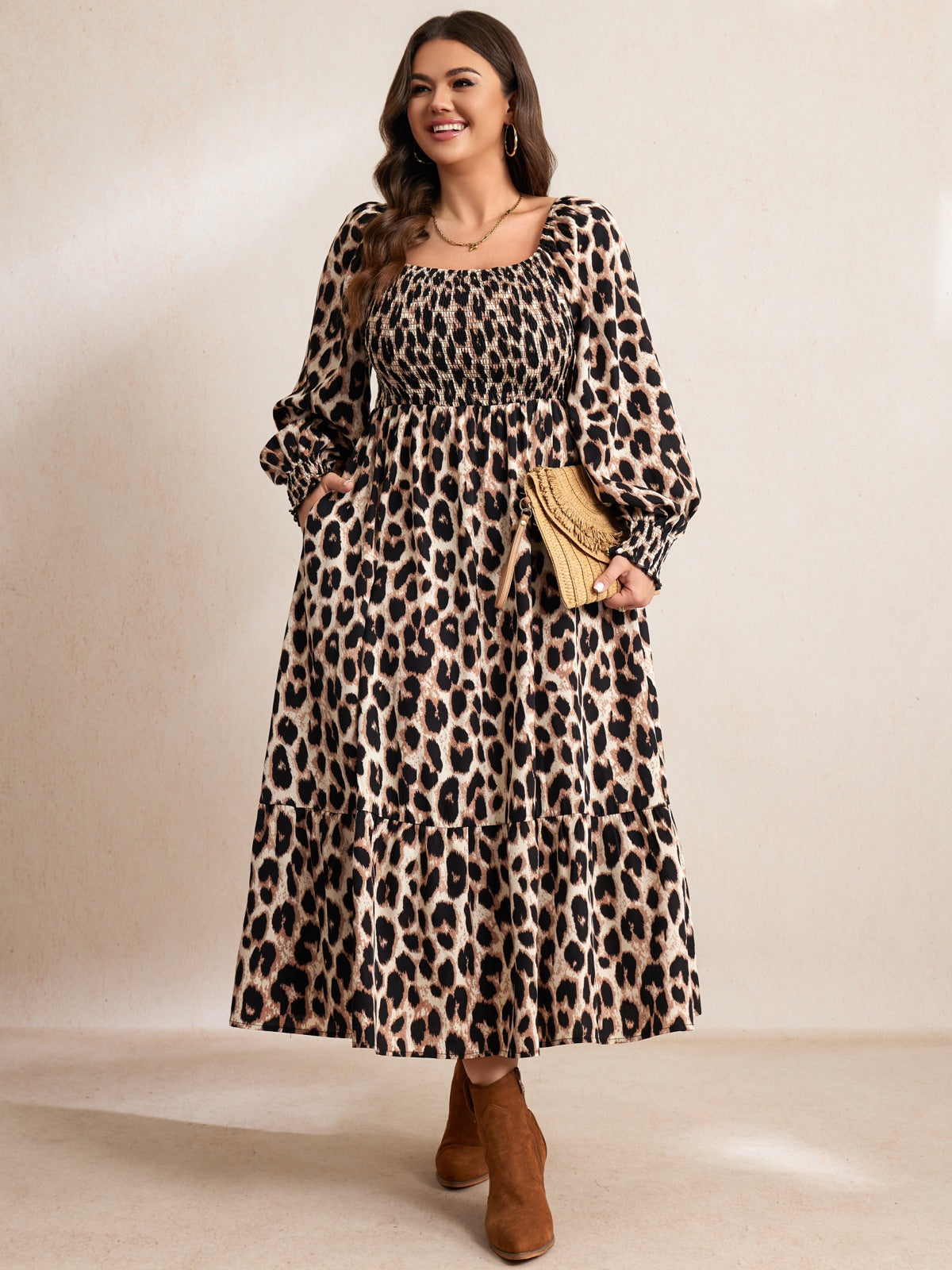 Plus Size Floral Long-Sleeve Maxi Dress — Leopard Frint gallery image 2