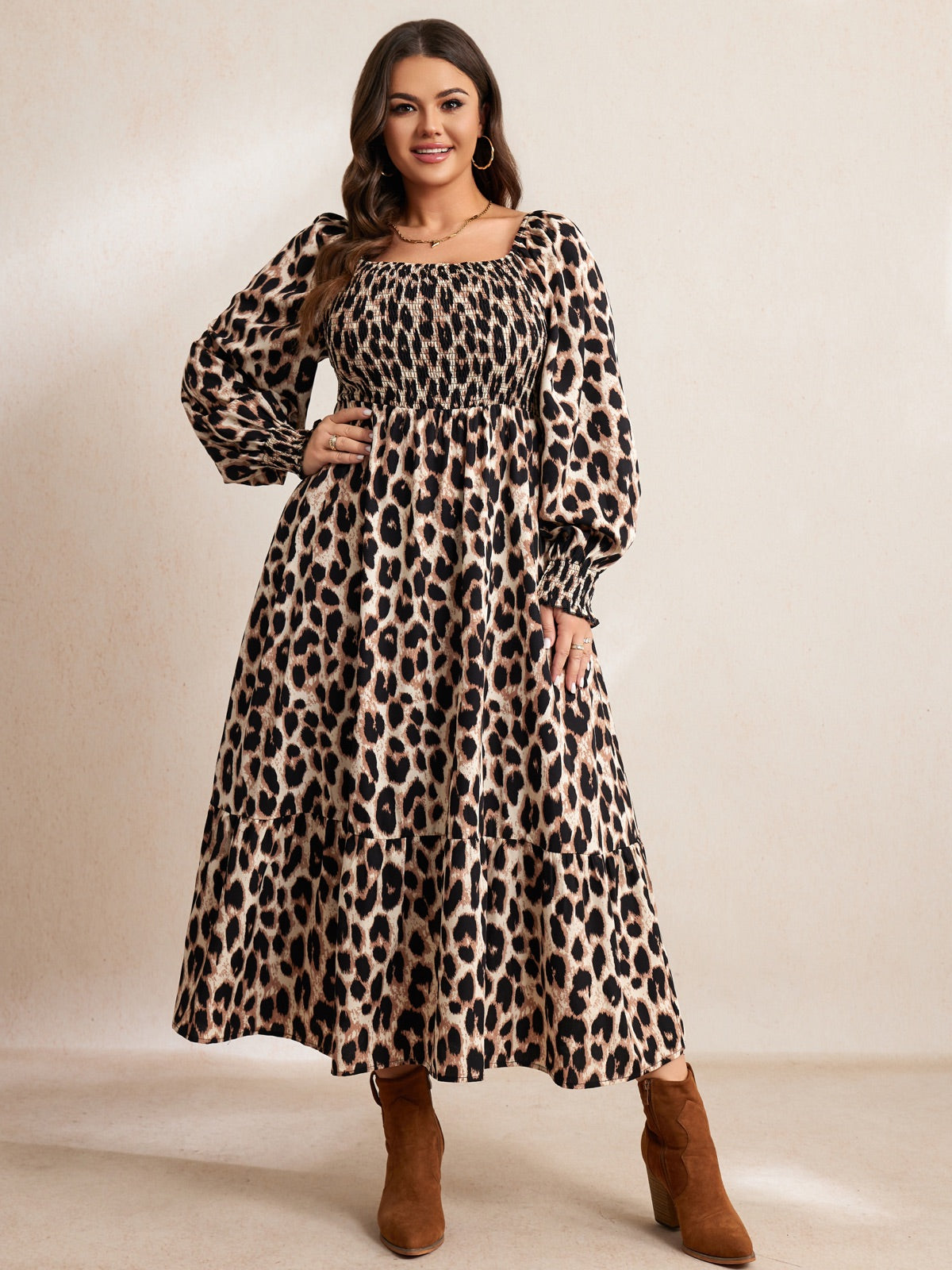 Plus Size Floral Long-Sleeve Maxi Dress — Leopard Frint gallery image 3