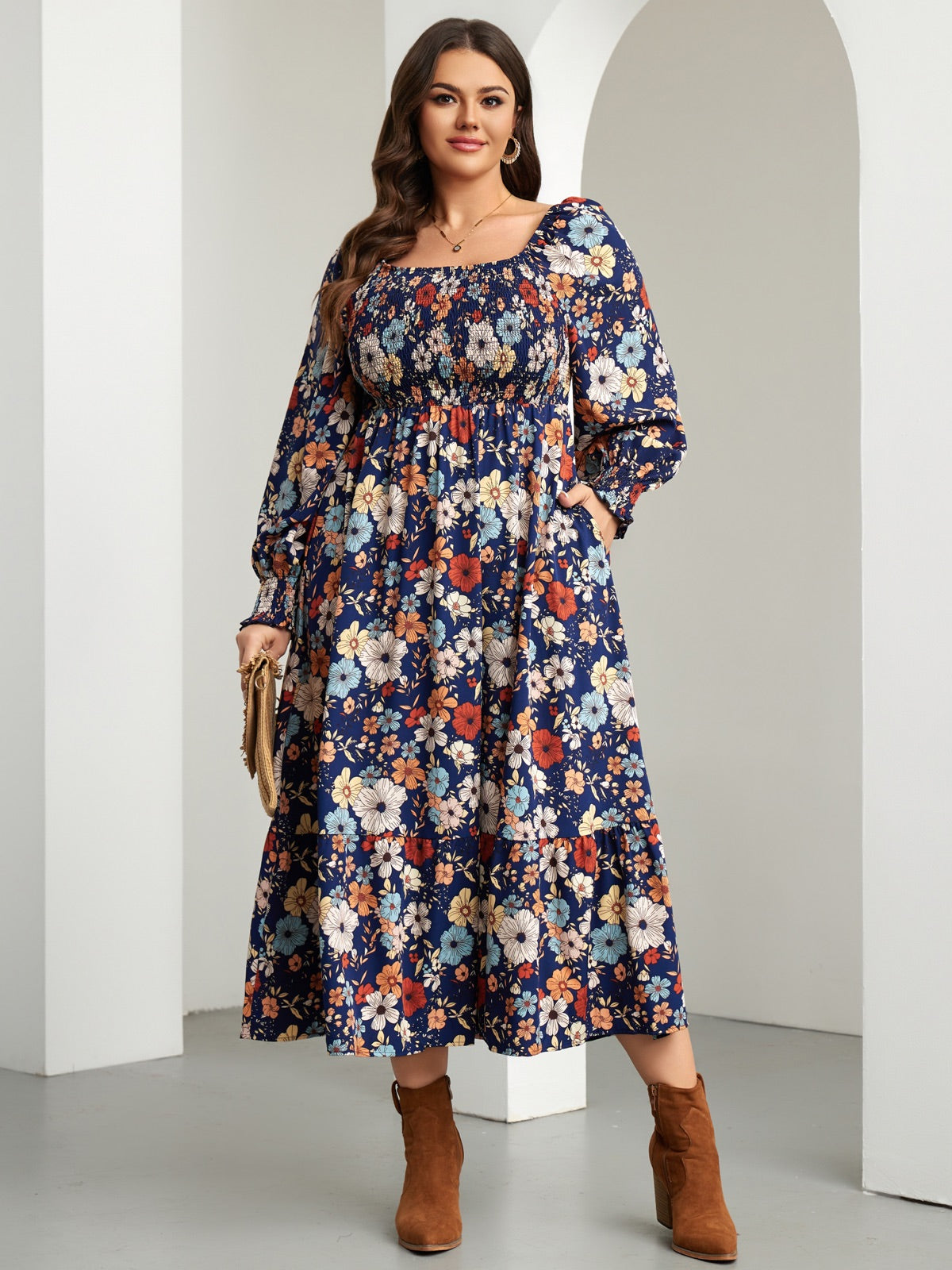 Plus Size Floral Long-Sleeve Maxi Dress — Multicolor Floral gallery image 2