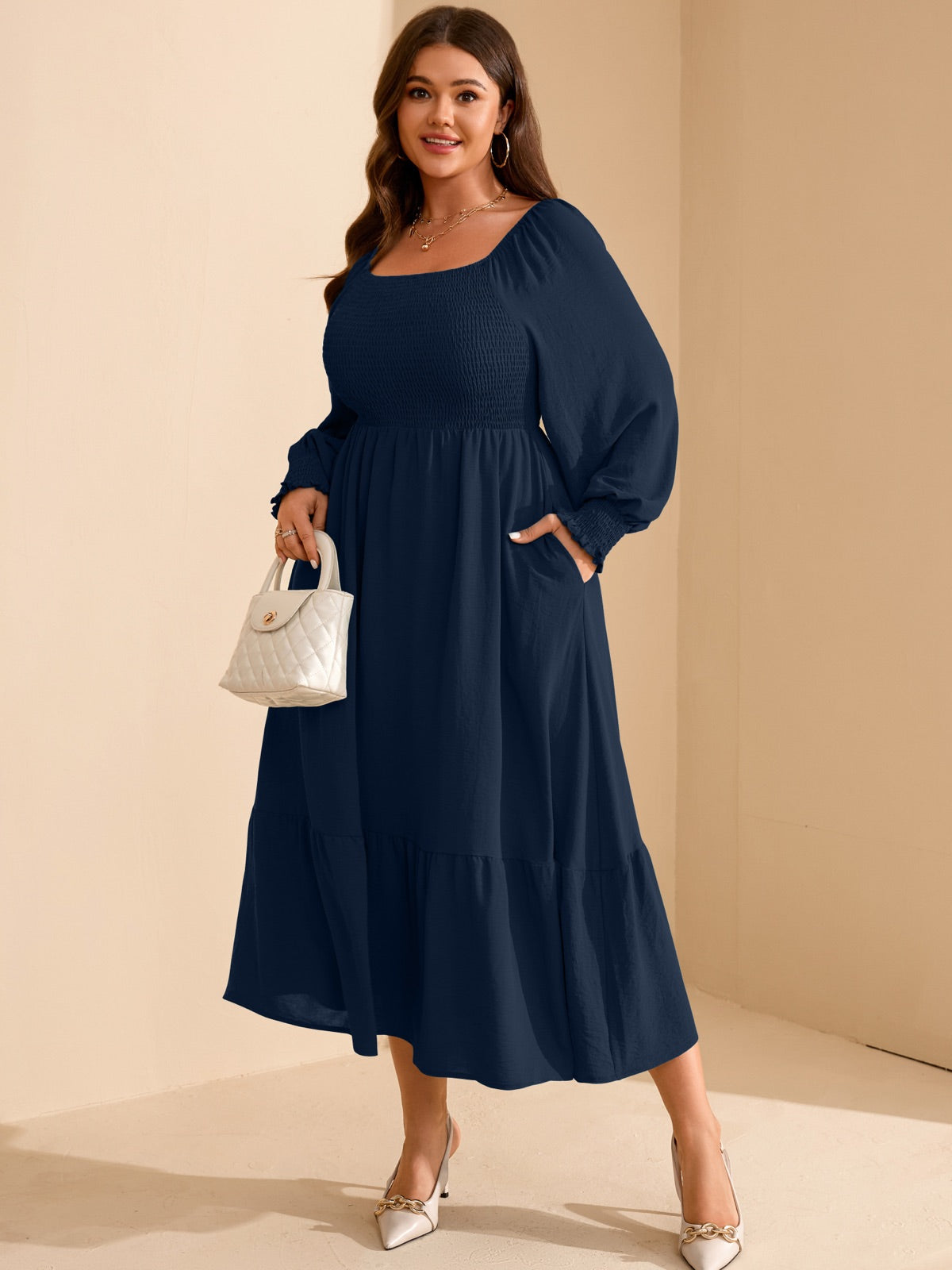 Plus Size Floral Long-Sleeve Maxi Dress — Navy Blue gallery image 3