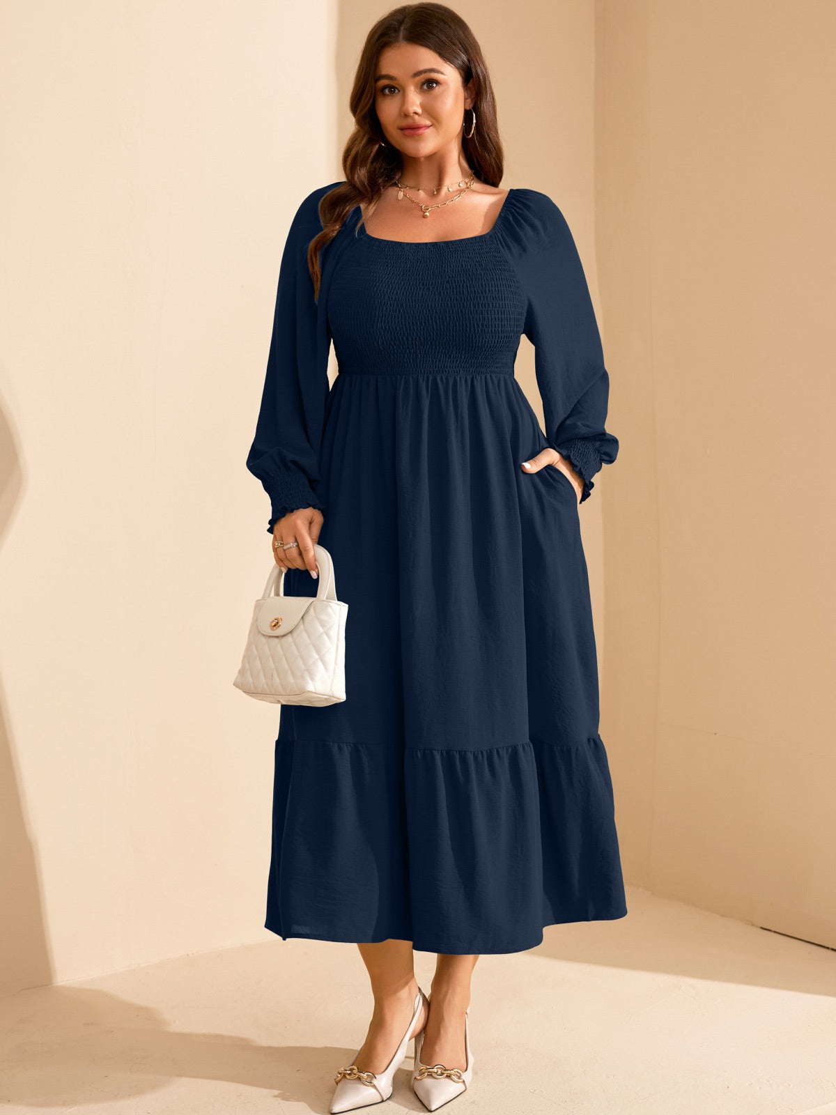 Plus Size Floral Long-Sleeve Maxi Dress — Navy Blue gallery image 1