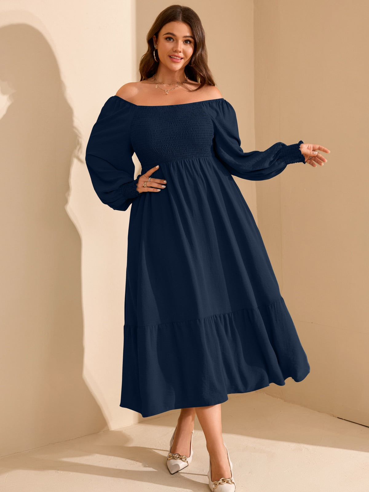 Plus Size Floral Long-Sleeve Maxi Dress — Navy Blue gallery image 2