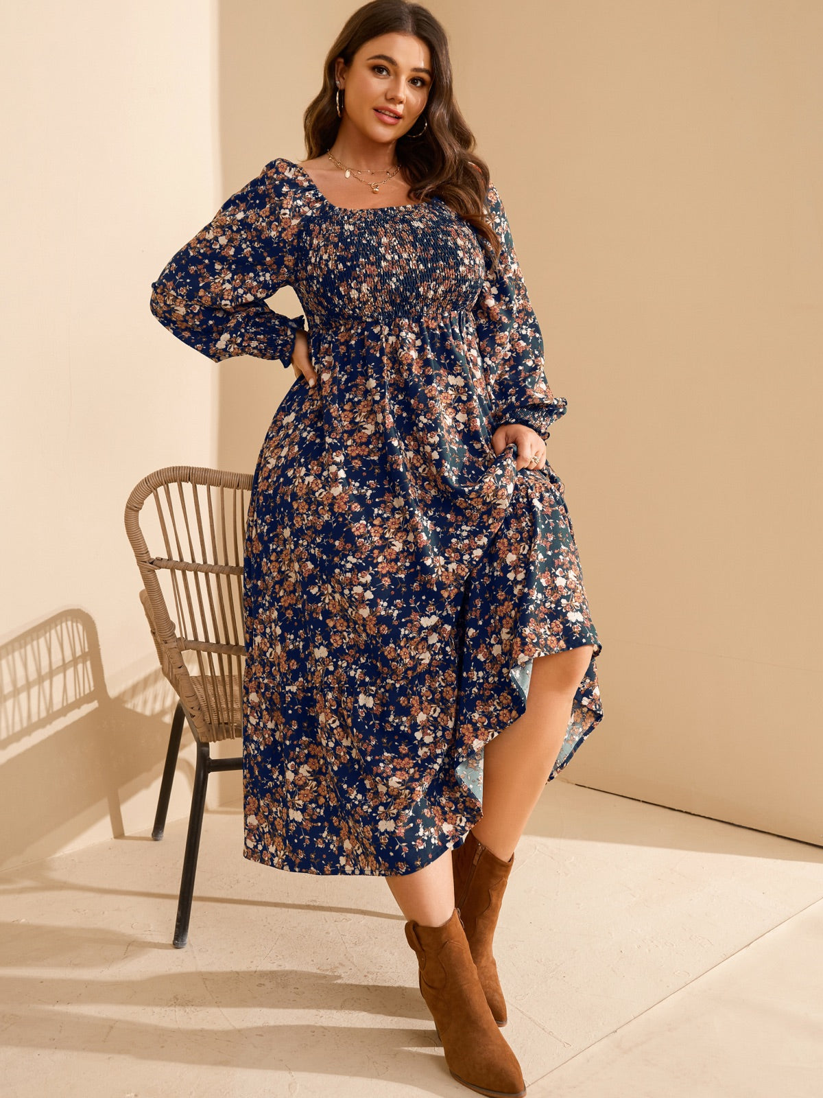 Plus Size Floral Long-Sleeve Maxi Dress — Navy Floral gallery image 3