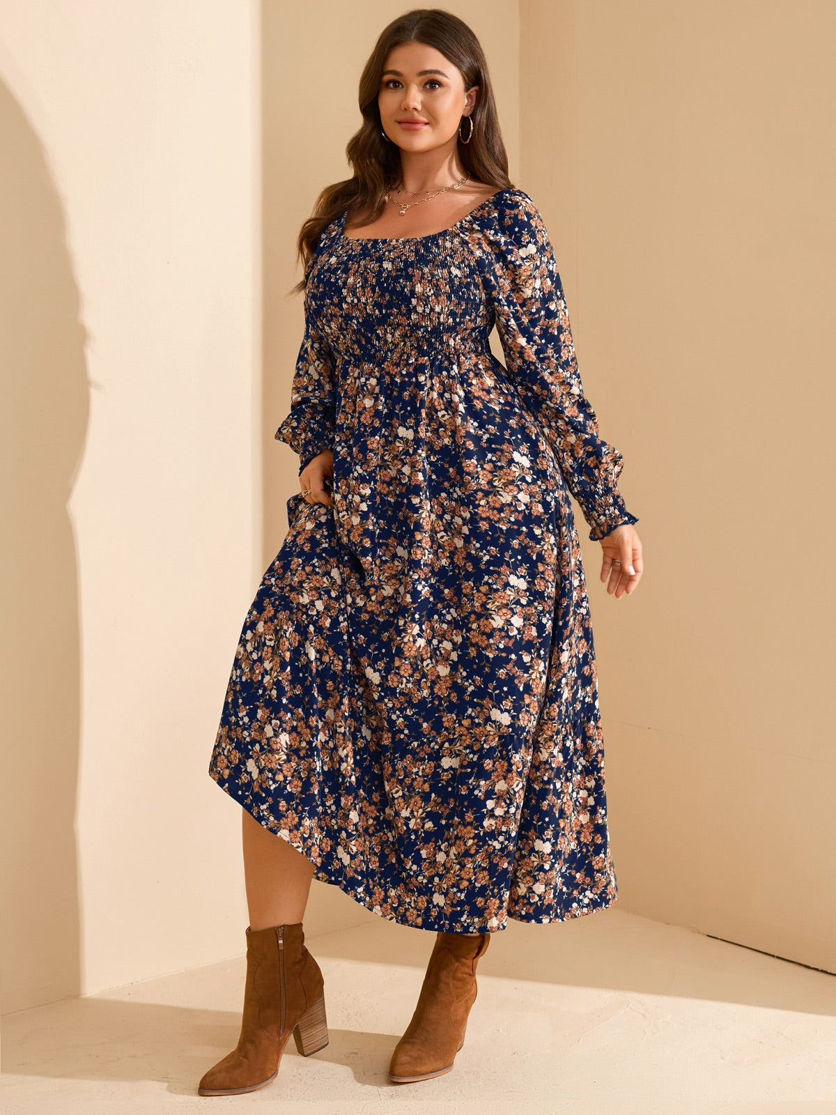 Plus Size Floral Long-Sleeve Maxi Dress — Navy Floral gallery image 1
