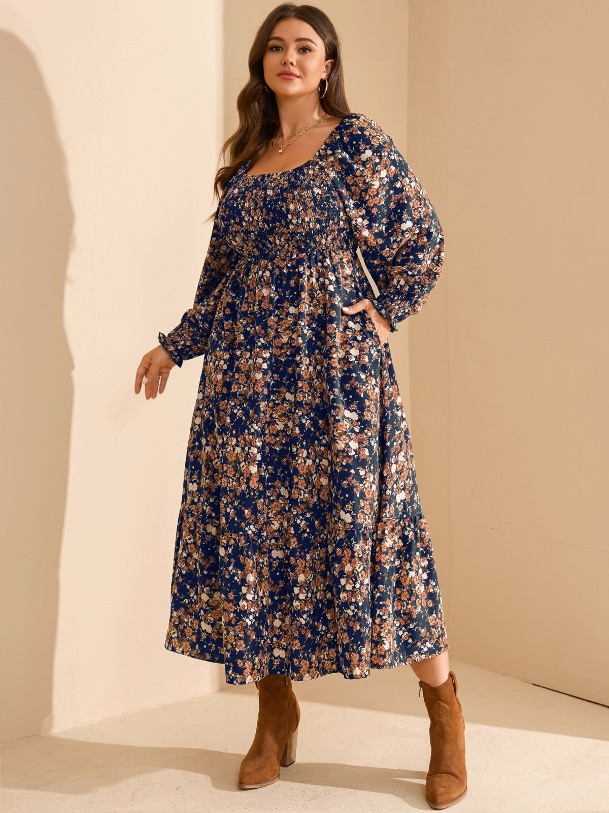 Plus Size Floral Long-Sleeve Maxi Dress — Navy Floral gallery image 2