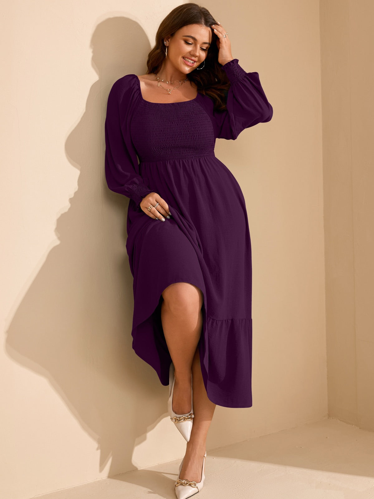 Plus Size Floral Long-Sleeve Maxi Dress — Purple gallery image 3