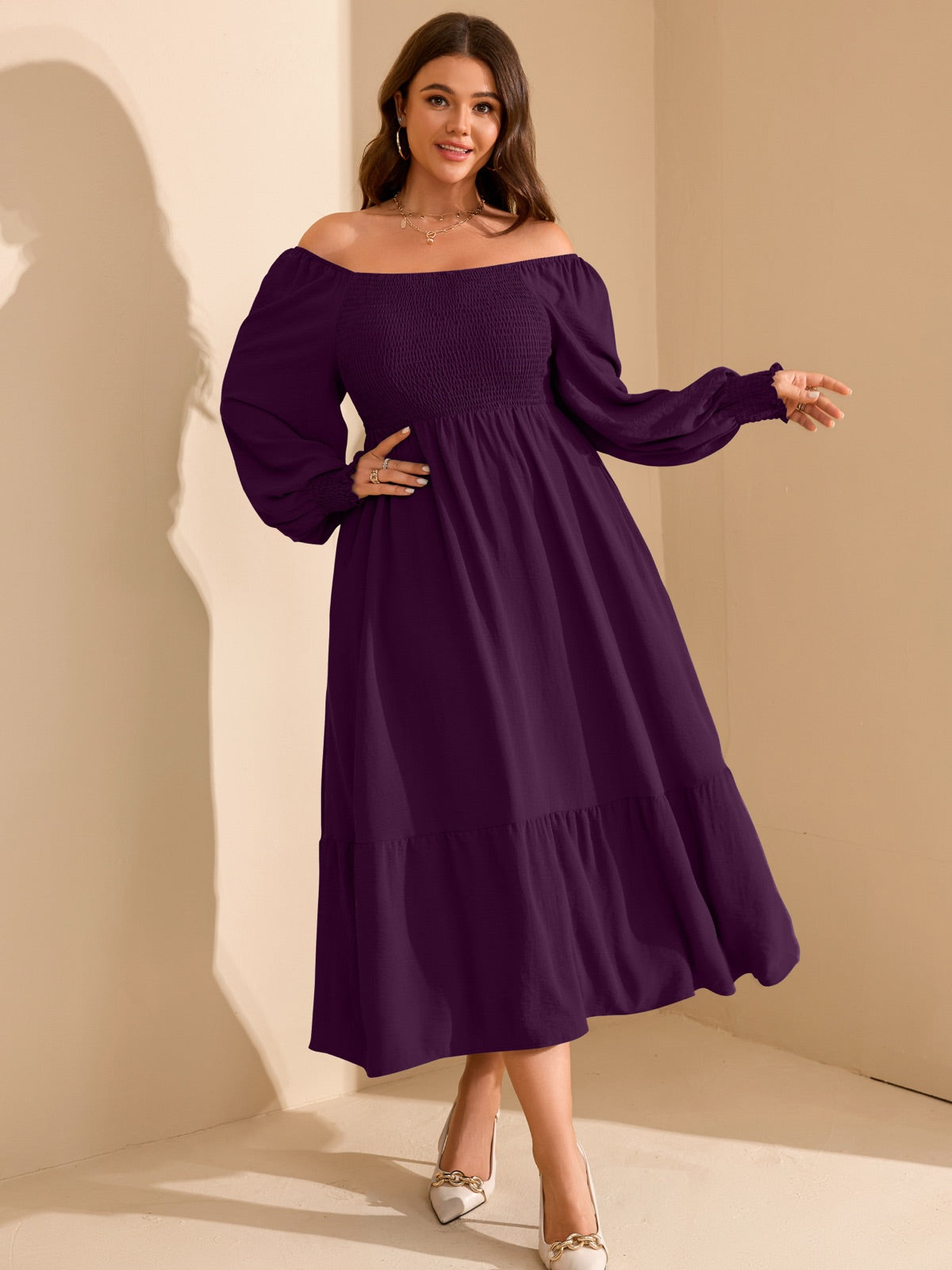 Plus Size Floral Long-Sleeve Maxi Dress — Purple gallery image 1