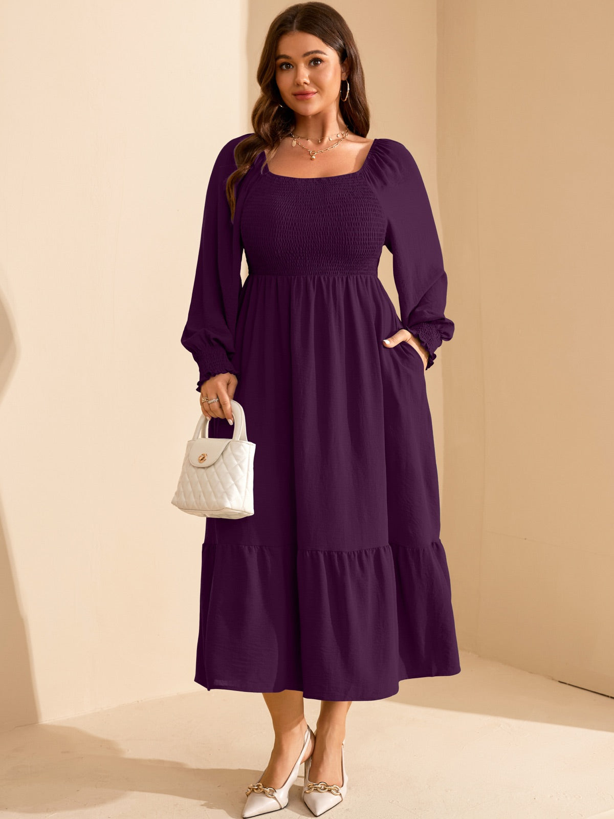 Plus Size Floral Long-Sleeve Maxi Dress — Purple gallery image 2