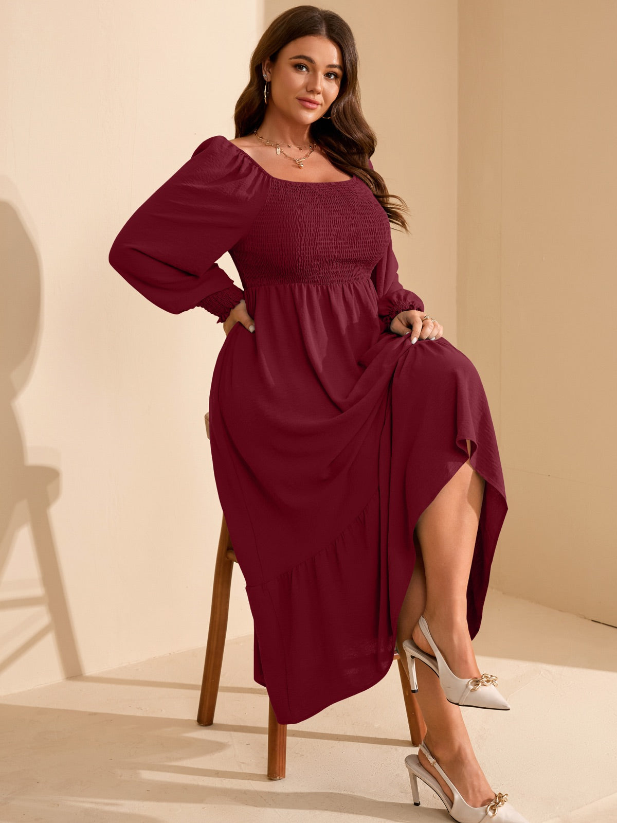 Plus Size Floral Long-Sleeve Maxi Dress — Wine Red gallery image 3