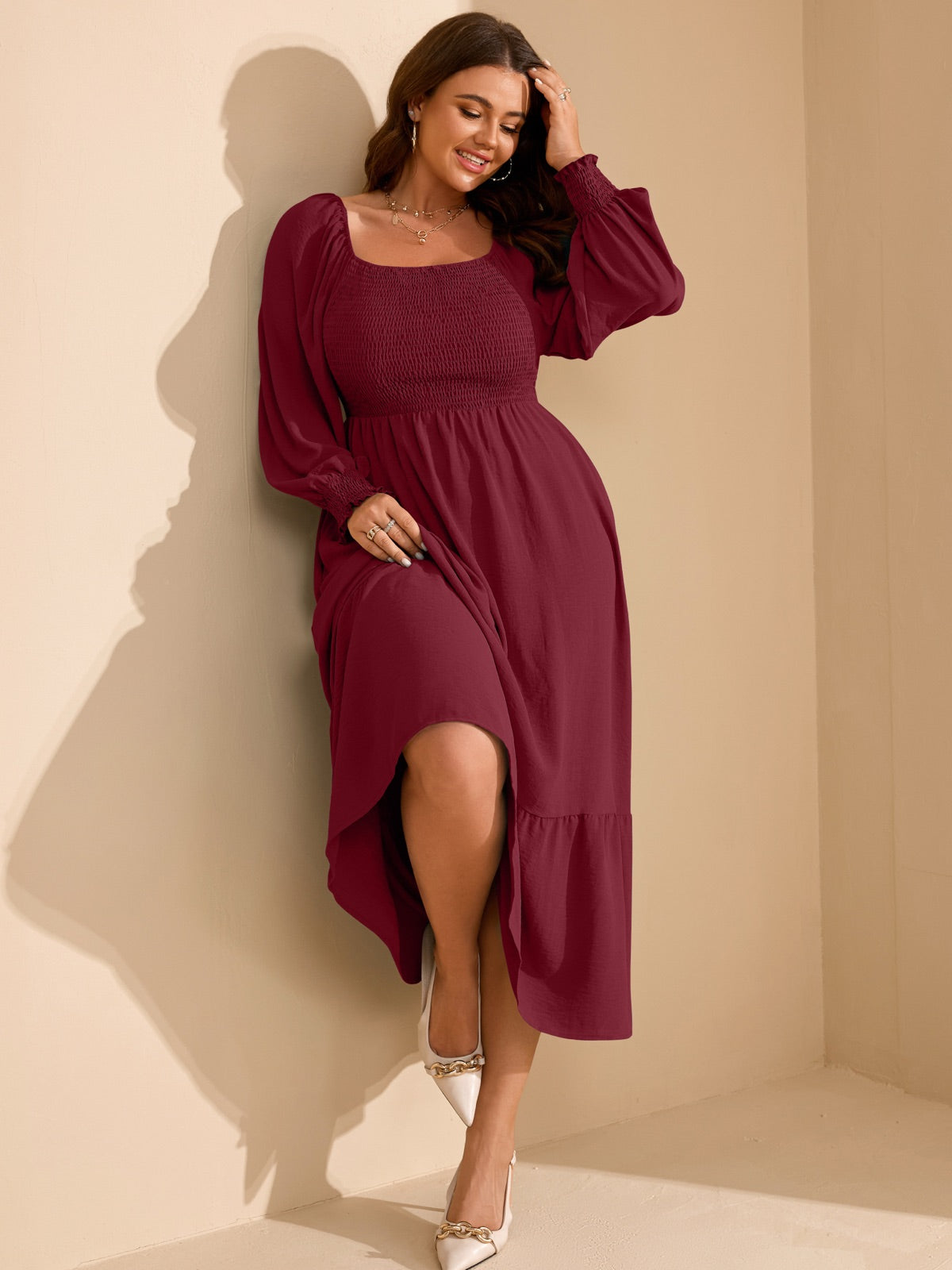 Plus Size Floral Long-Sleeve Maxi Dress — Wine Red gallery image 1