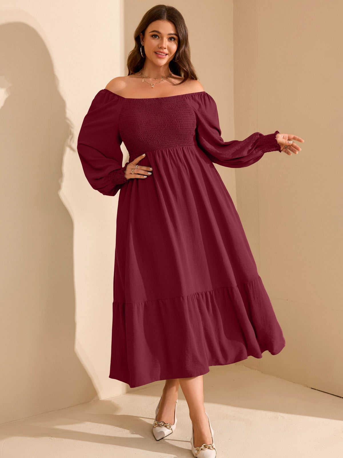 Plus Size Floral Long-Sleeve Maxi Dress — Wine Red gallery image 2