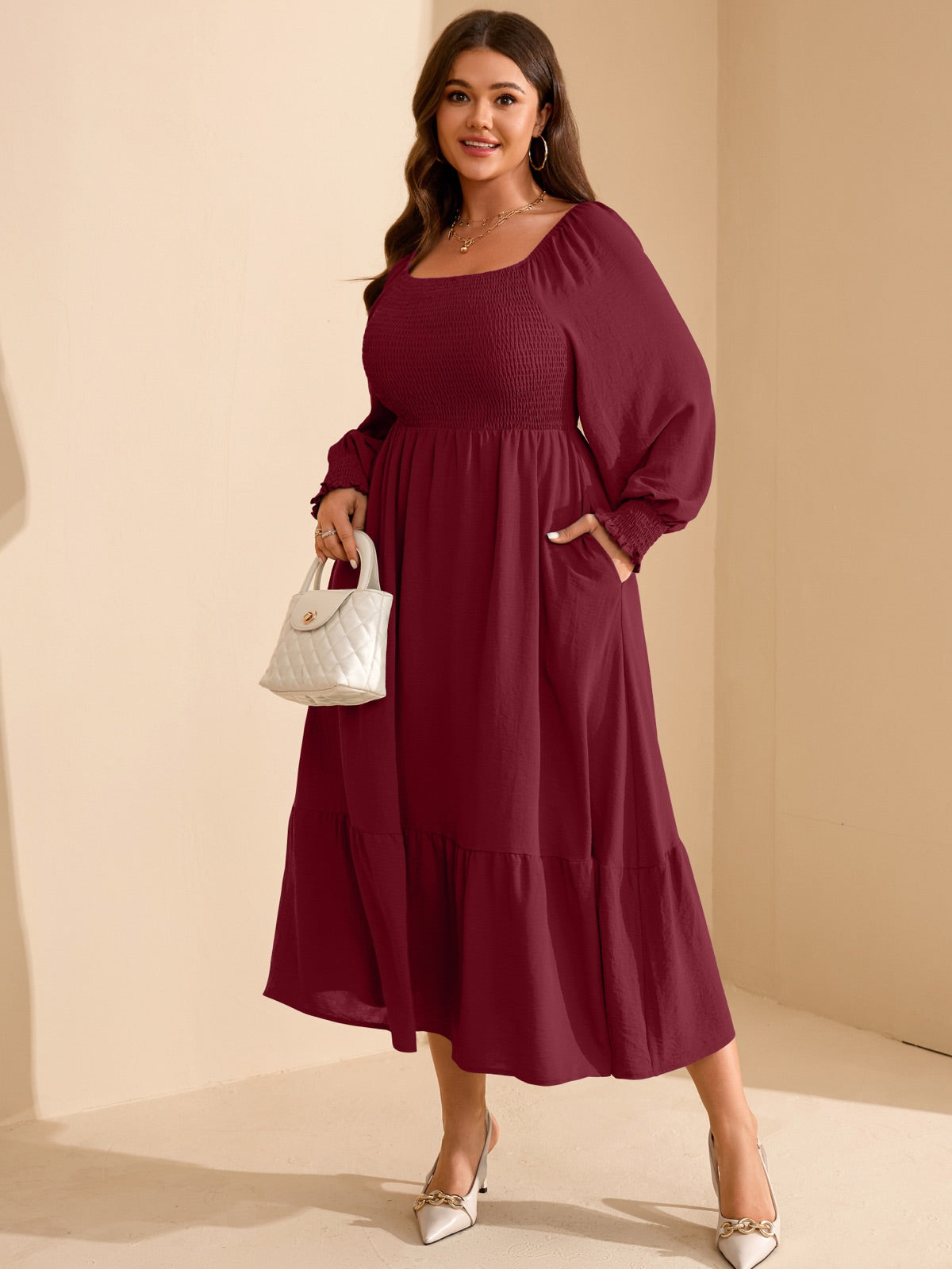 Plus Size Floral Long-Sleeve Maxi Dress — Wine Red gallery image 4