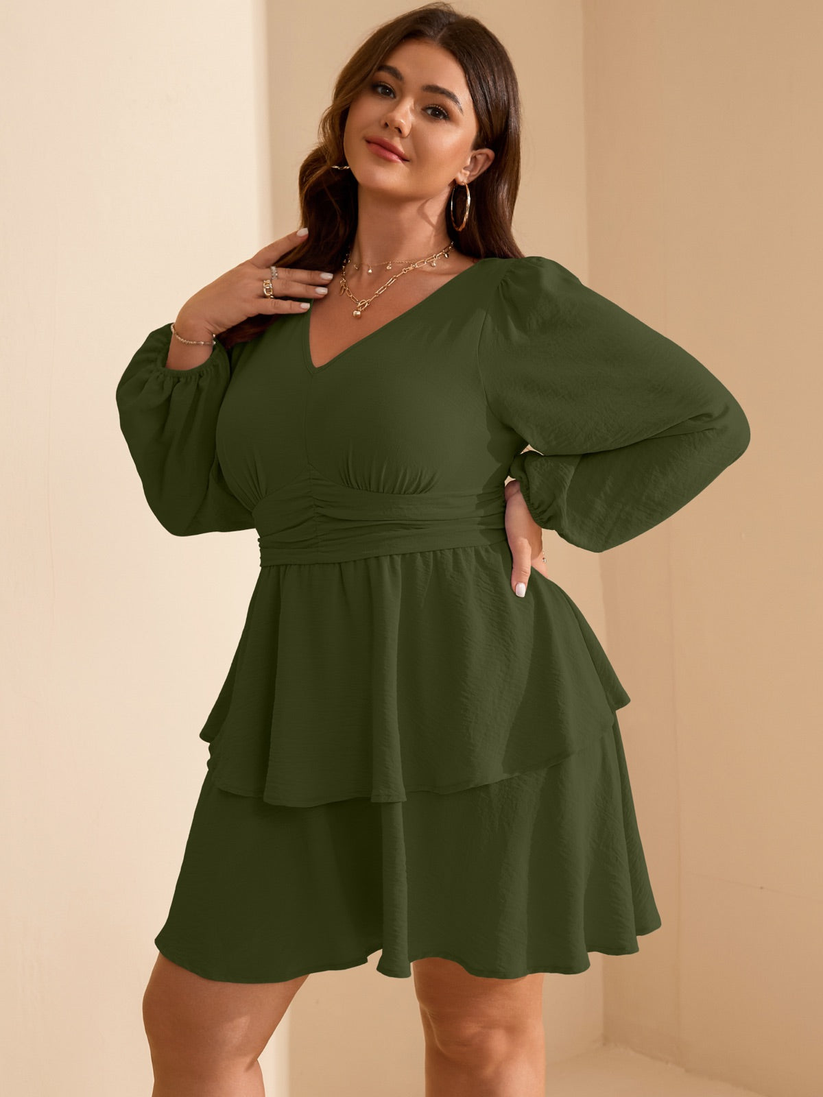 Plus Size V-Neck Tiered Mini Dress — Army Green gallery image 3