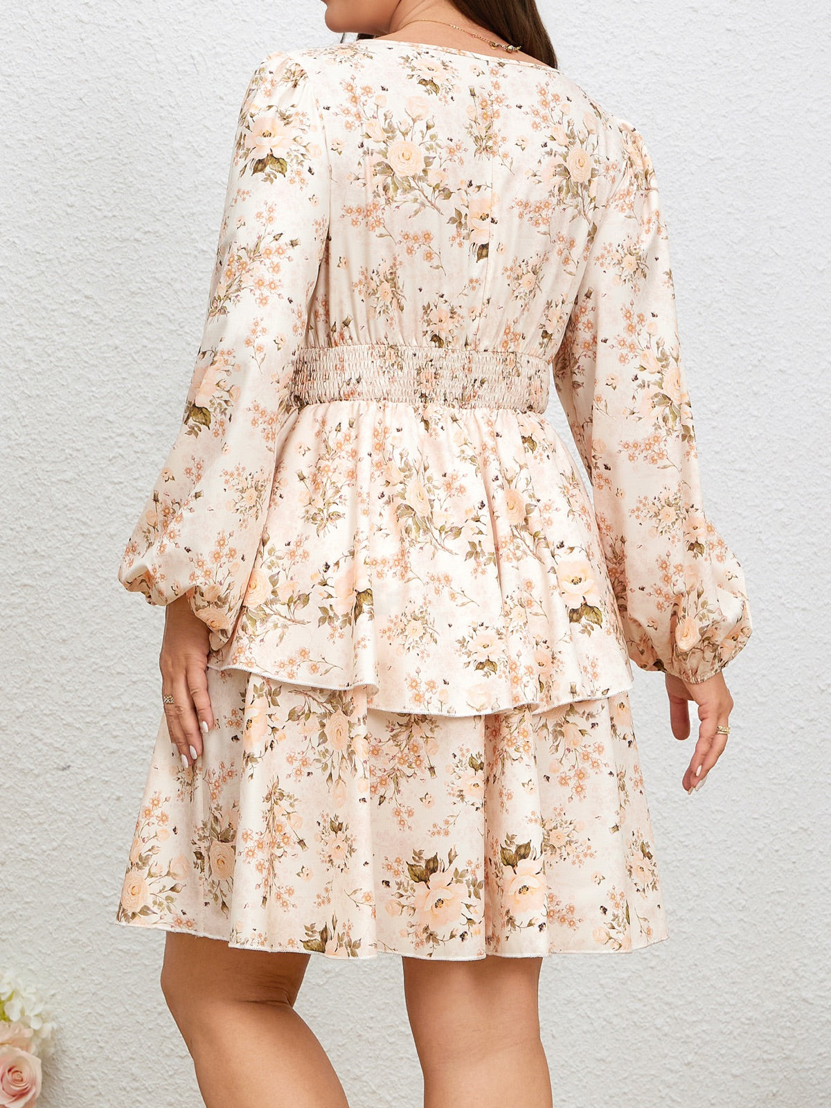 Plus Size V-Neck Tiered Mini Dress — Beige Floral gallery image 2
