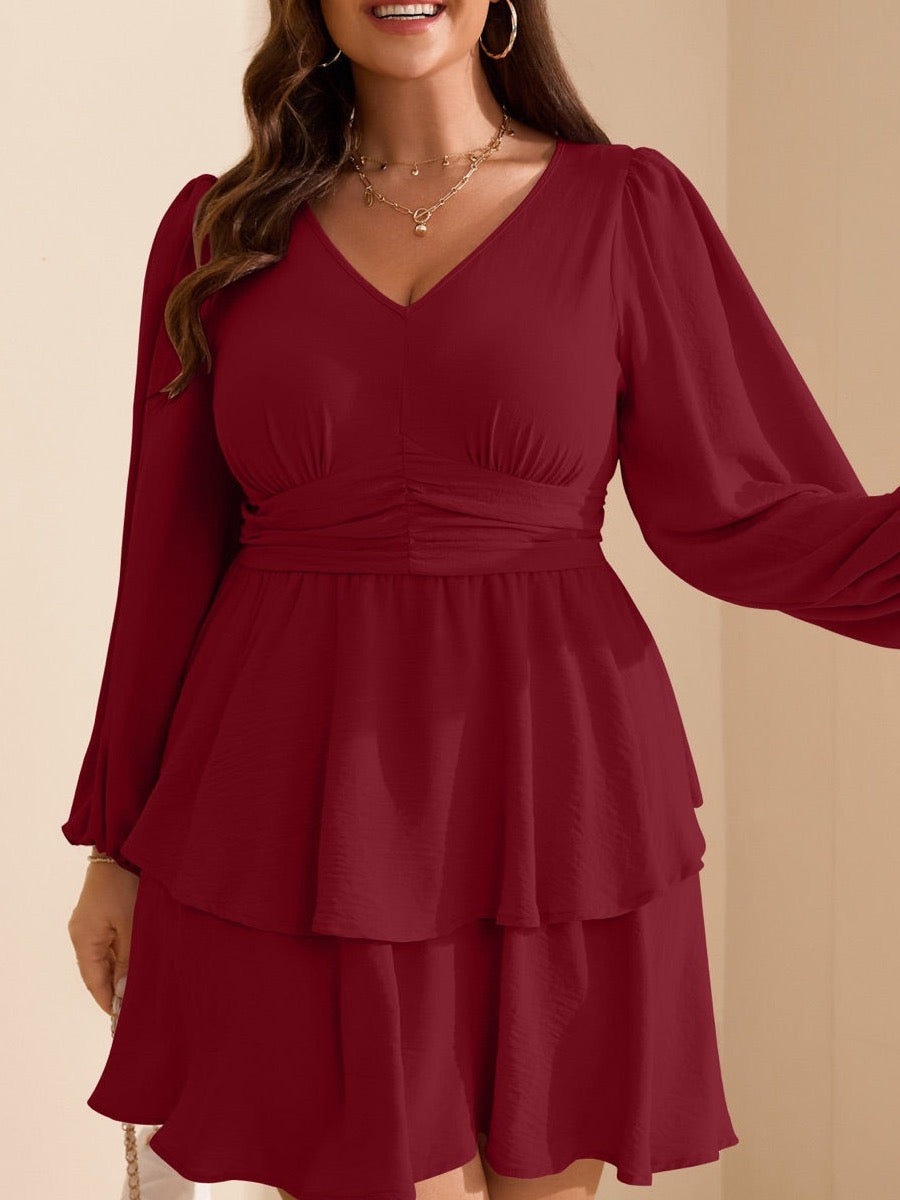 Plus Size V-Neck Tiered Mini Dress — Burgundy close-up detail