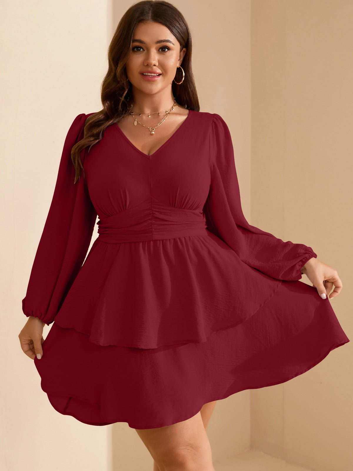 Plus Size V-Neck Tiered Mini Dress — Burgundy gallery image 1