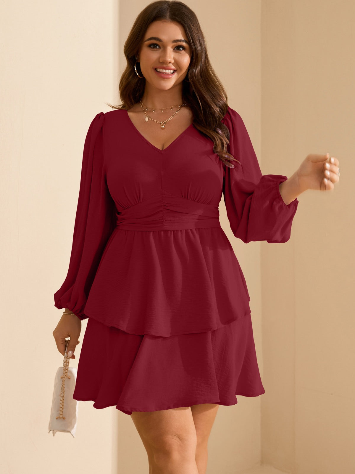 Plus Size V-Neck Tiered Mini Dress — Burgundy gallery image 2