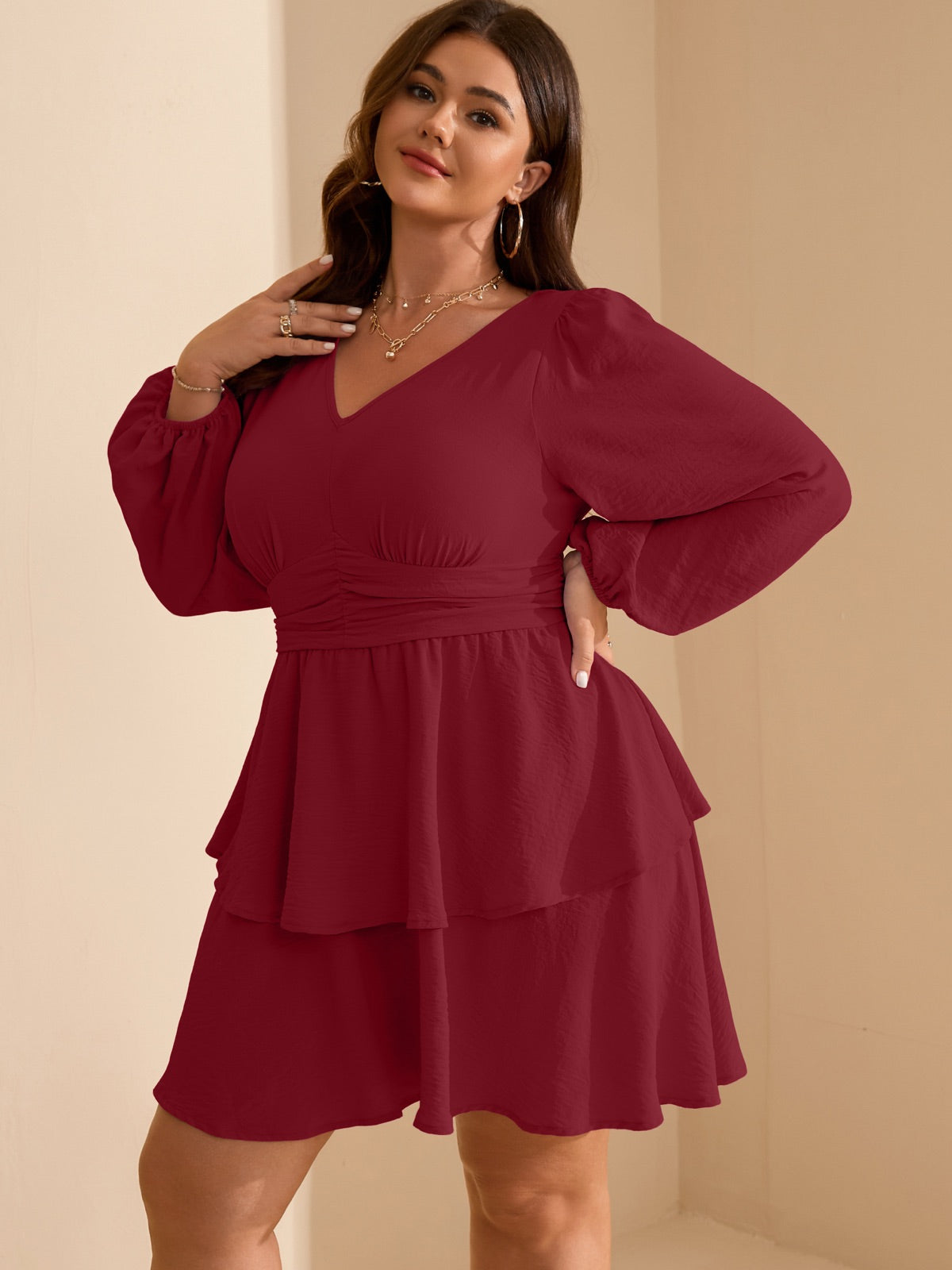 Plus Size V-Neck Tiered Mini Dress — Burgundy gallery image 3