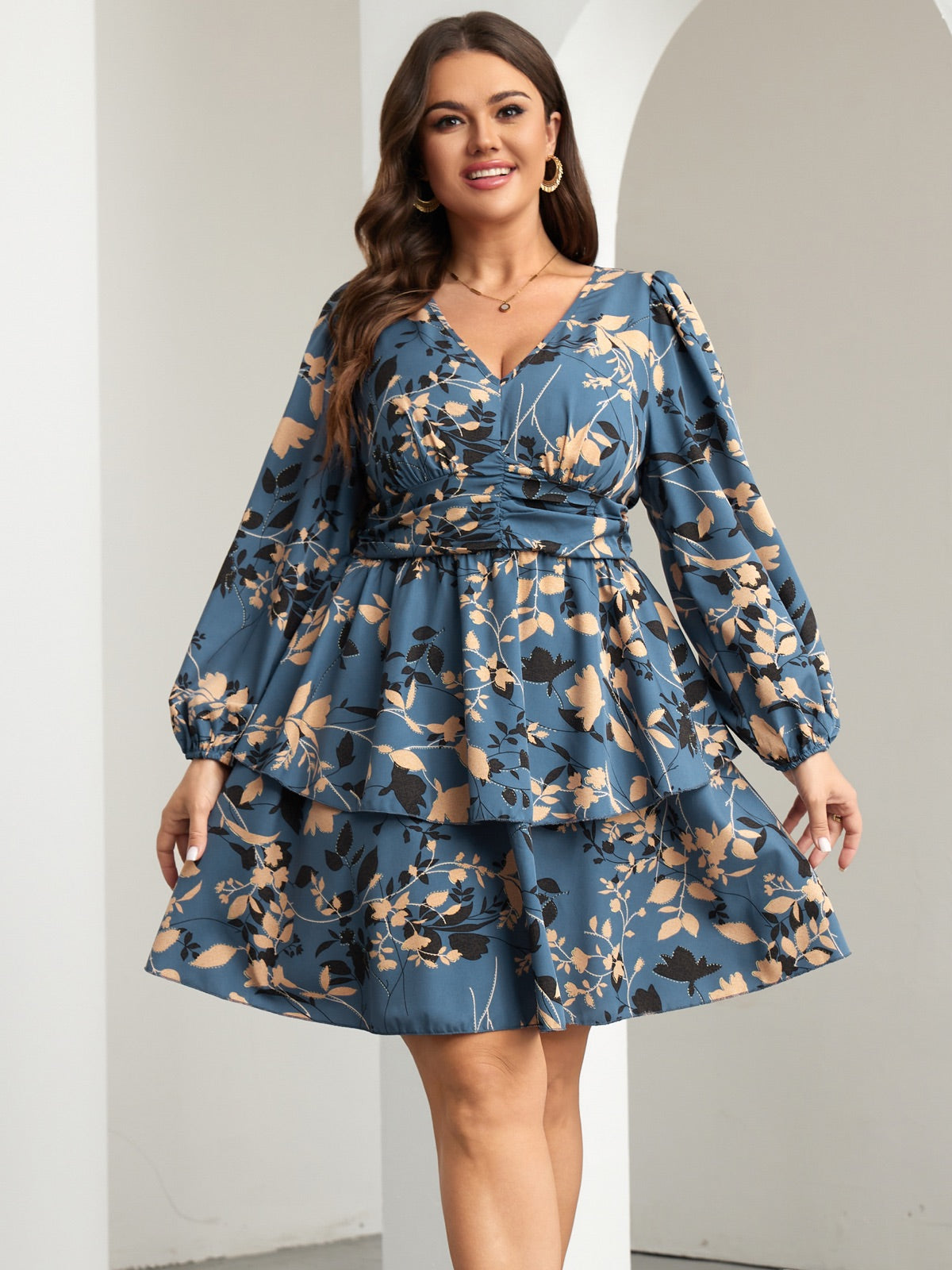 Plus Size V-Neck Tiered Mini Dress — Dusty Blue Floral gallery image 1