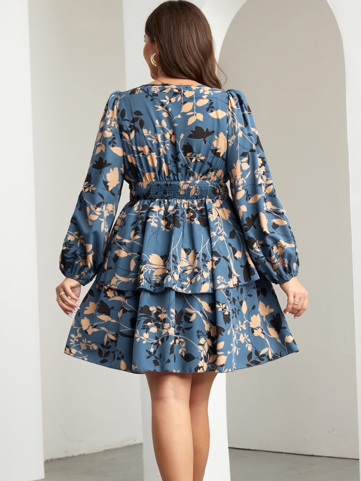 Plus Size V-Neck Tiered Mini Dress — Dusty Blue Floral gallery image 2