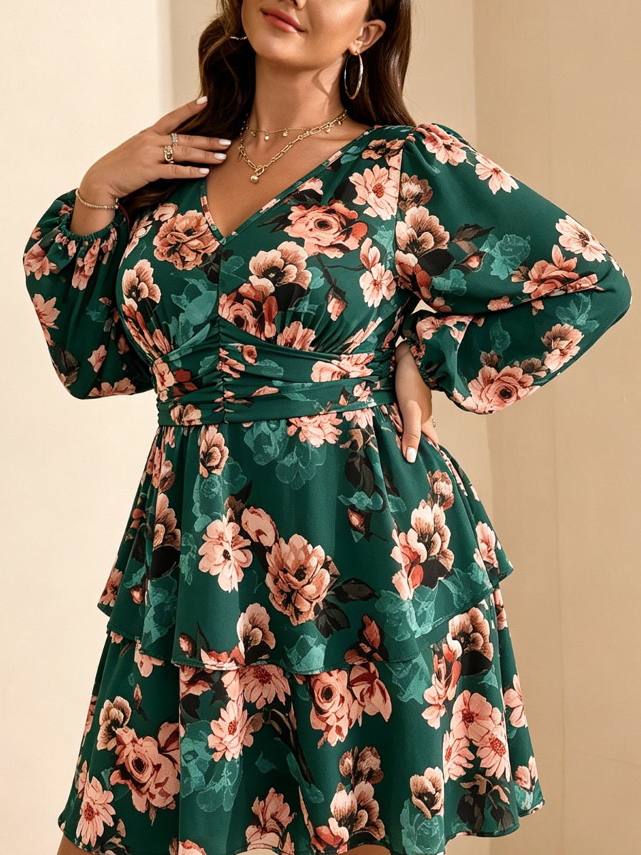 Plus Size V-Neck Tiered Mini Dress — Emerald Green Floral close-up detail