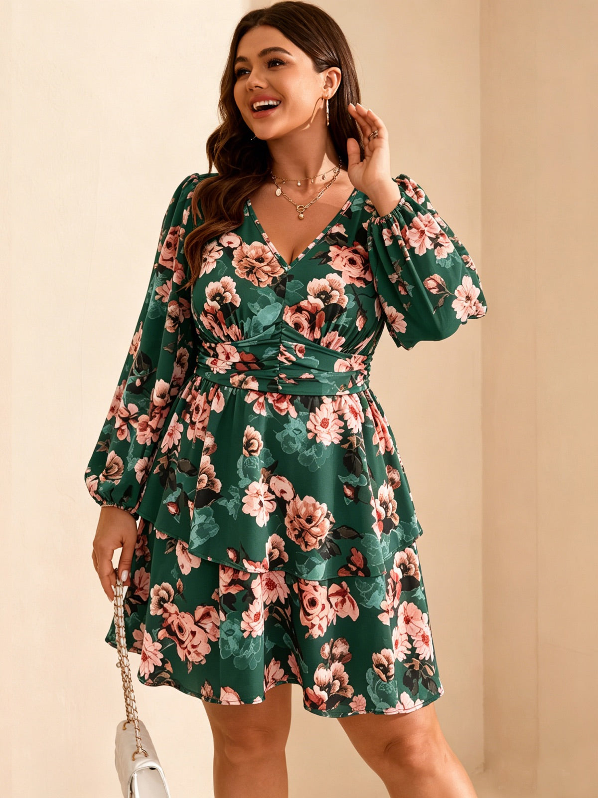 Plus Size V-Neck Tiered Mini Dress — Emerald Green Floral gallery image 1