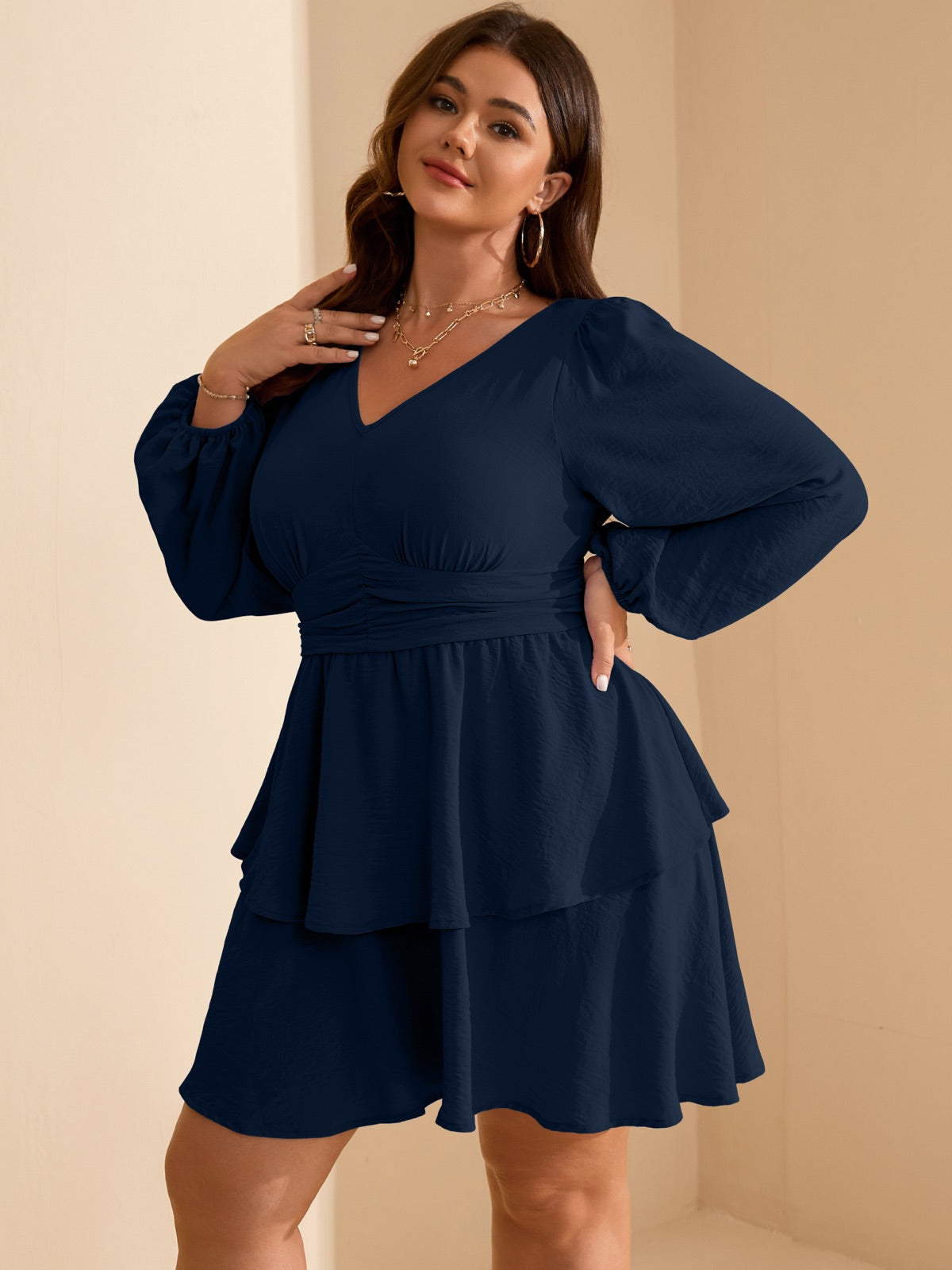 Plus Size V-Neck Tiered Mini Dress — Navy Blue gallery image 4