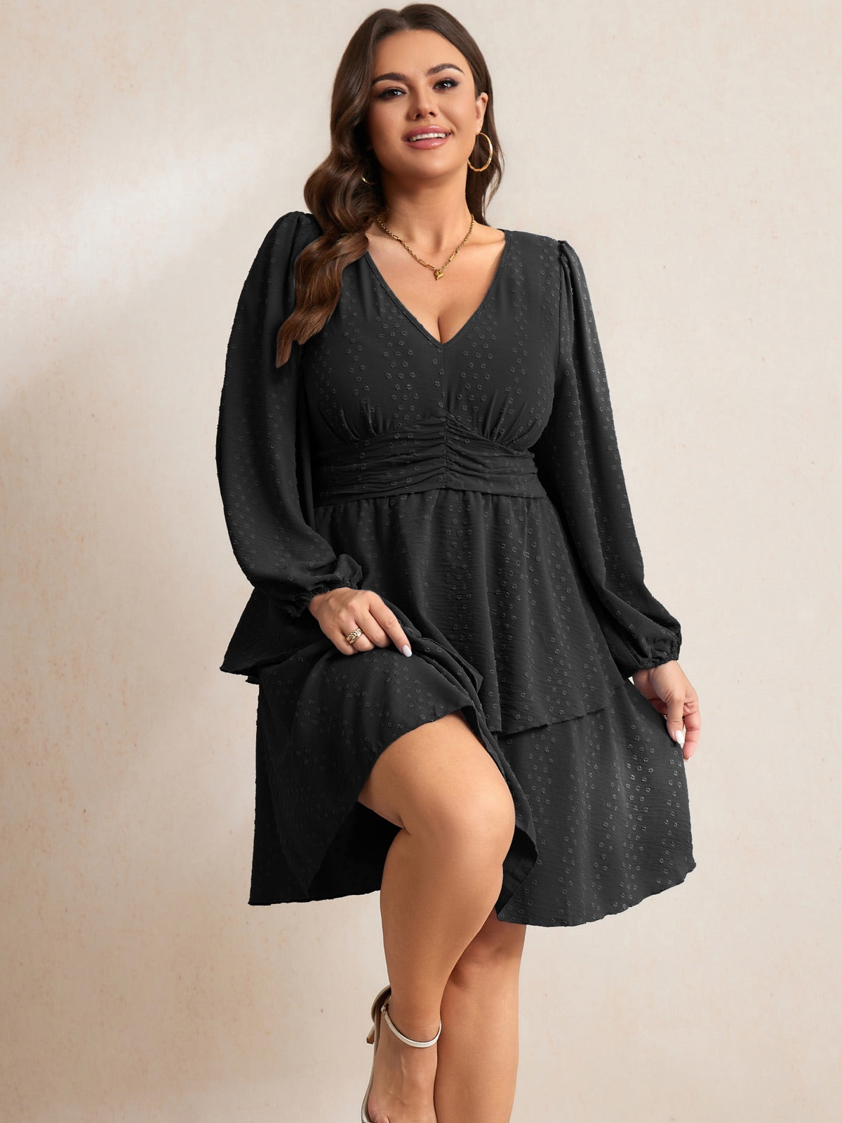 Plus Size V-Neck Tiered Mini Dress — Swiss Dot Black gallery image 3