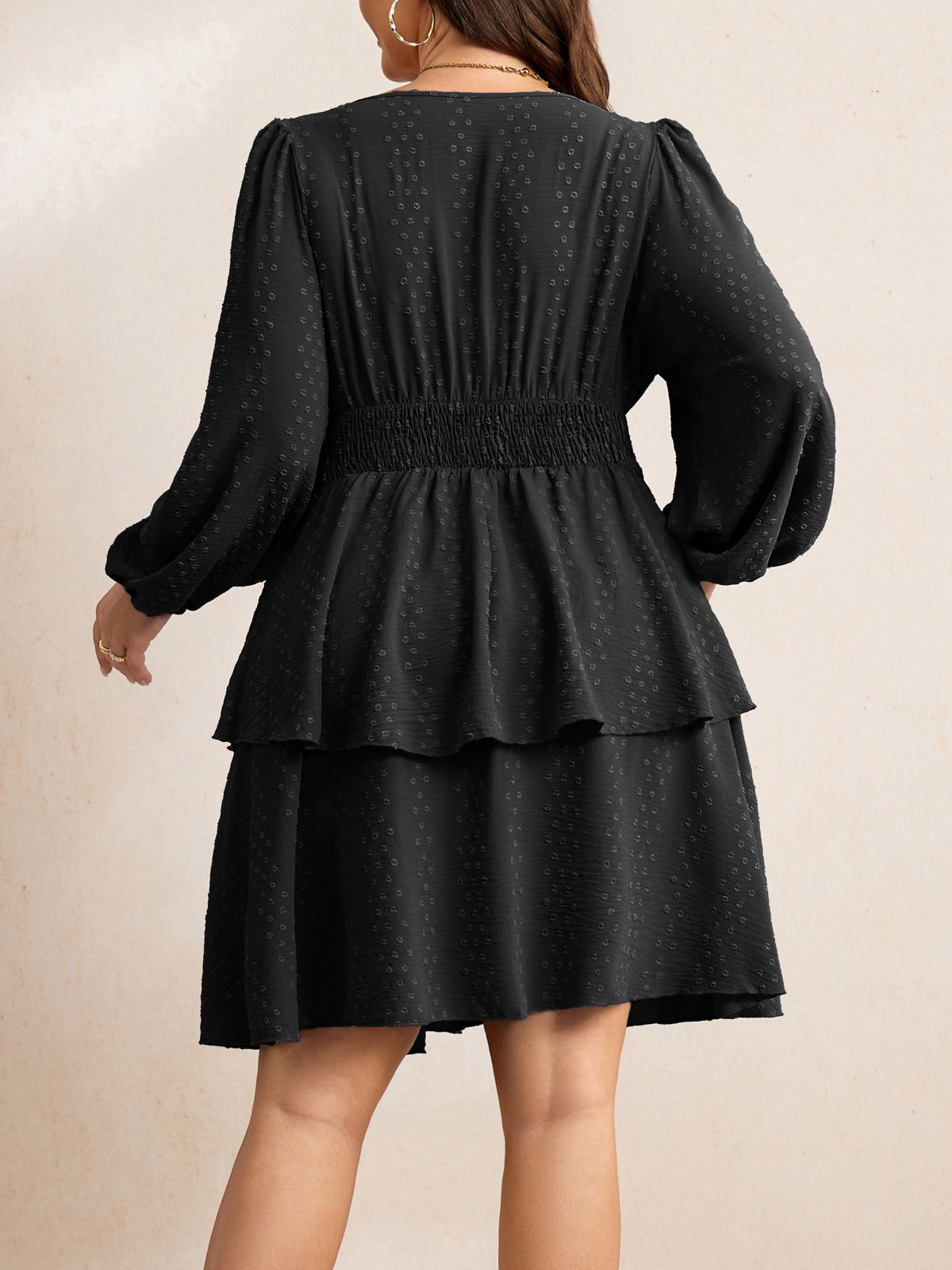 Plus Size V-Neck Tiered Mini Dress — Swiss Dot Black gallery image 3